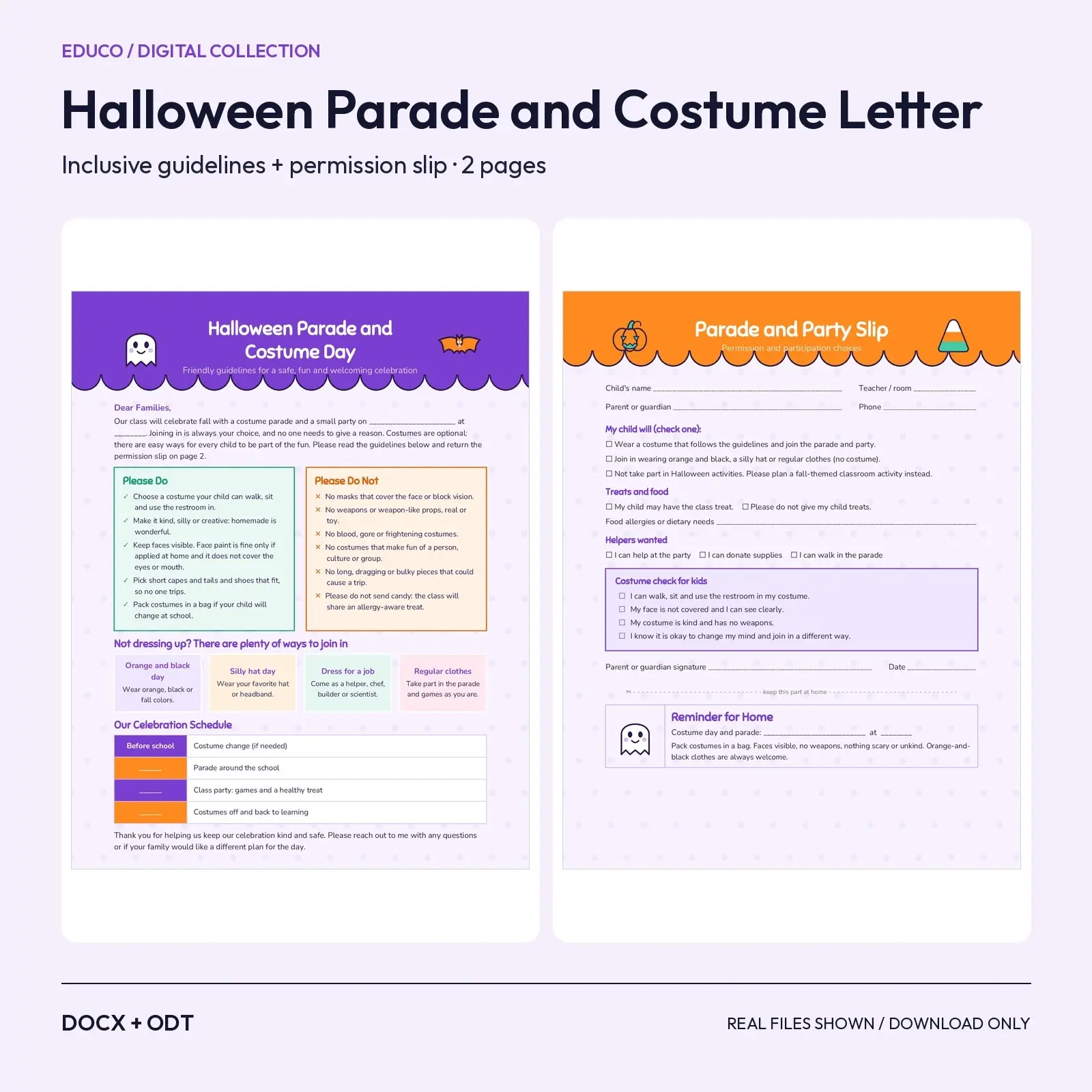 Halloween Parade and Costume Guidelines Letter with Permission Slip, Inclusive and Kid-Friendly (DOCX, ODT) preview