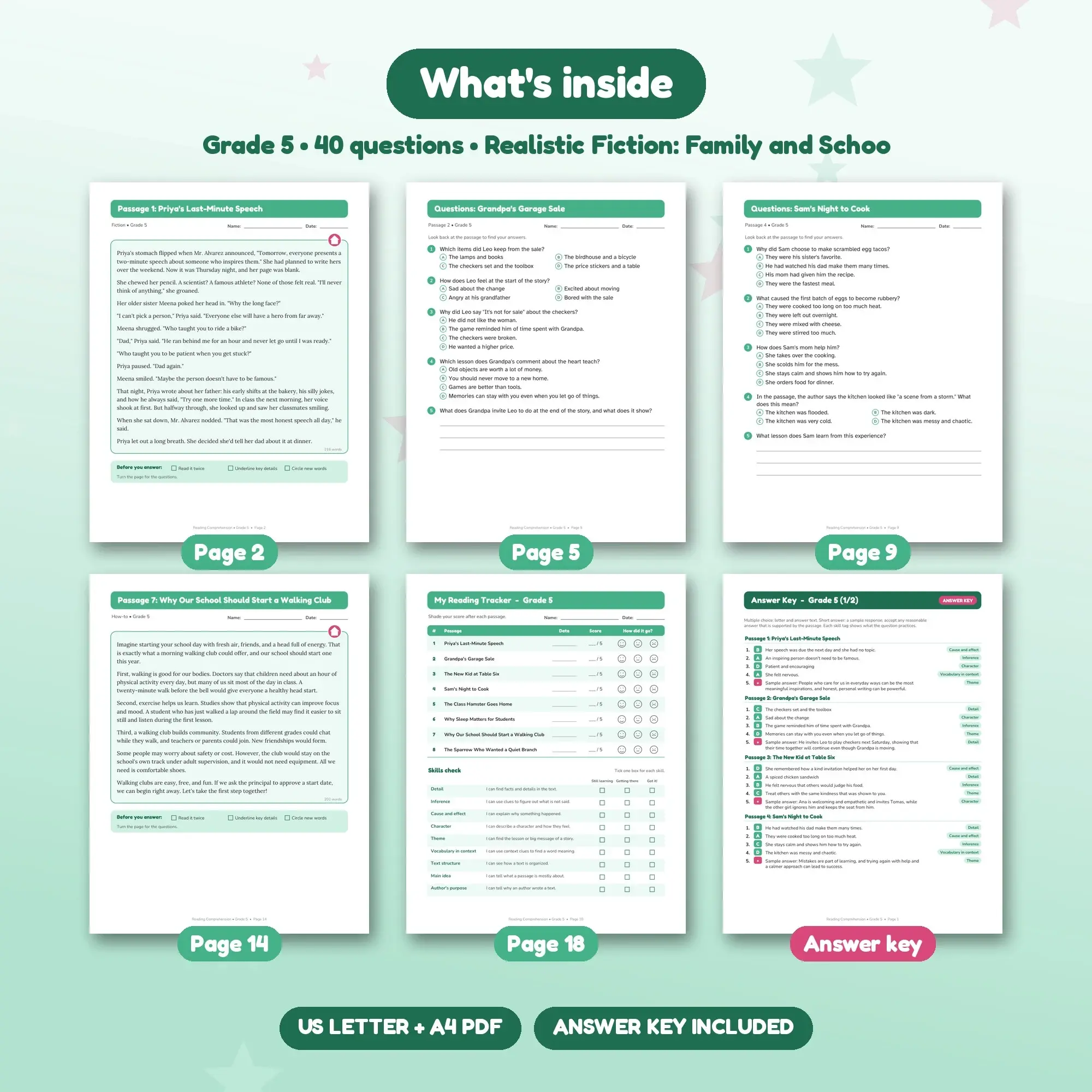 Reading Comprehension Grade 5 - Realistic Fiction: Family & School Passage Pack with Questions & Key, preview 2 of 2