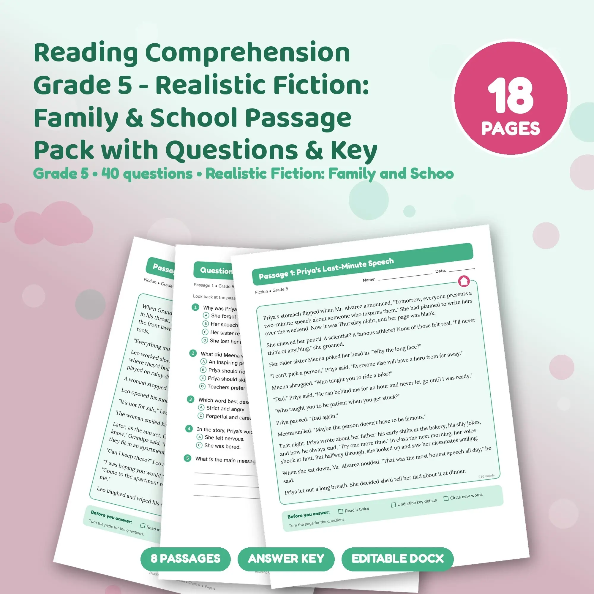 Reading Comprehension Grade 5 - Realistic Fiction: Family & School Passage Pack with Questions & Key preview