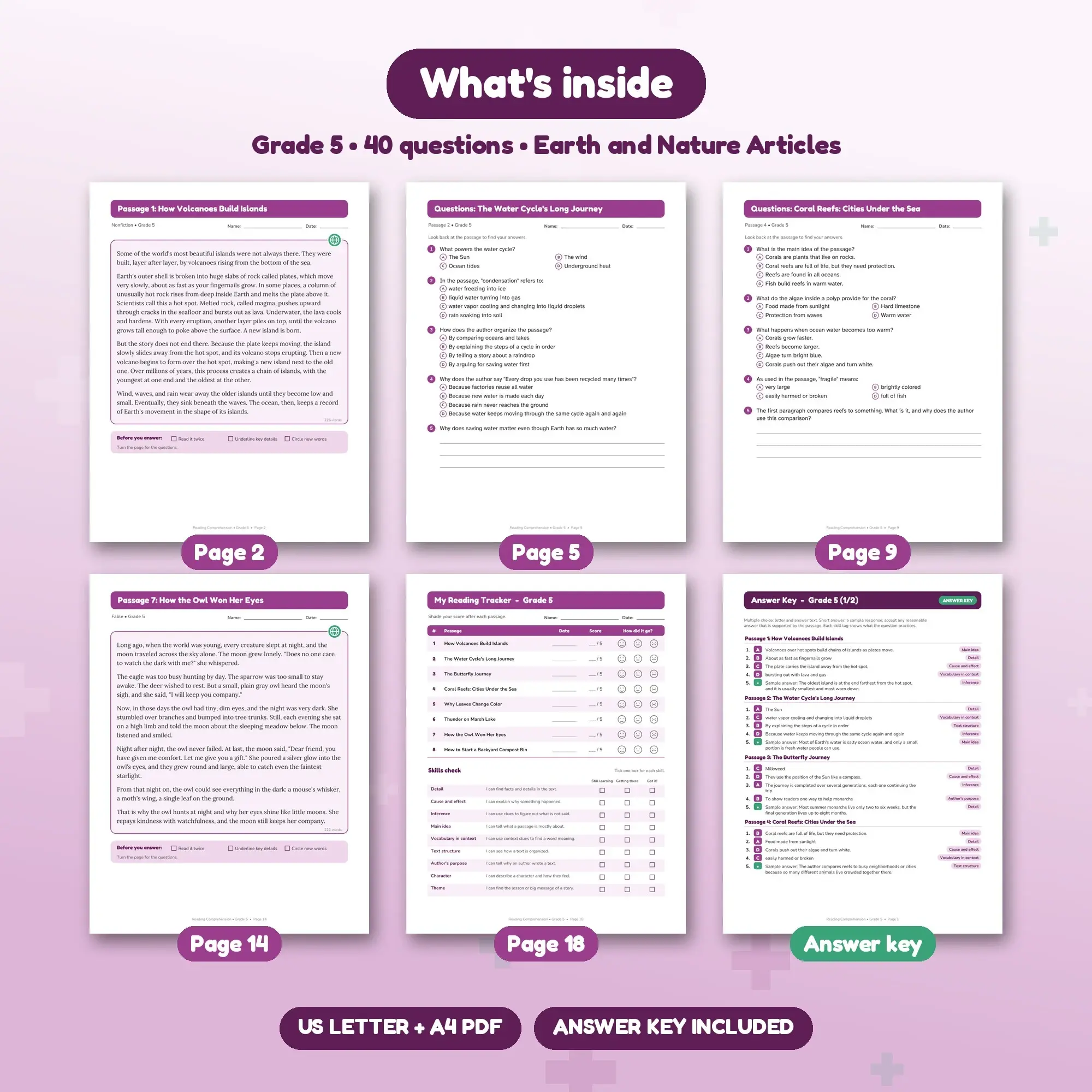 Grade 5 Reading Comprehension Passages - Earth & Nature Articles (8) + Answer Key, preview 2 of 2