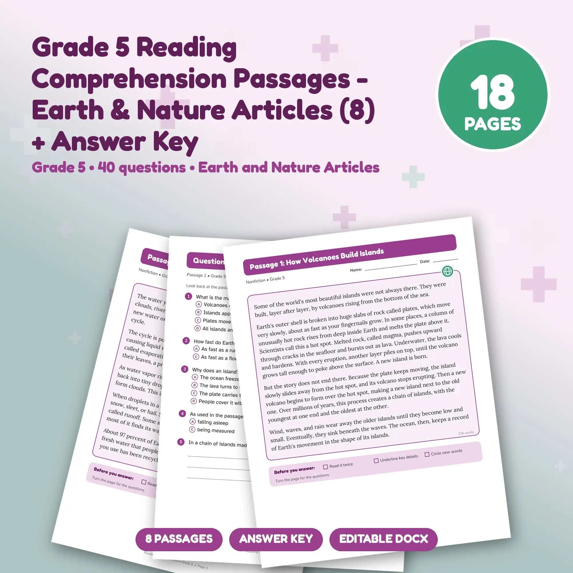 Grade 5 Reading Comprehension Passages - Earth & Nature Articles (8) + Answer Key, preview 1 of 2