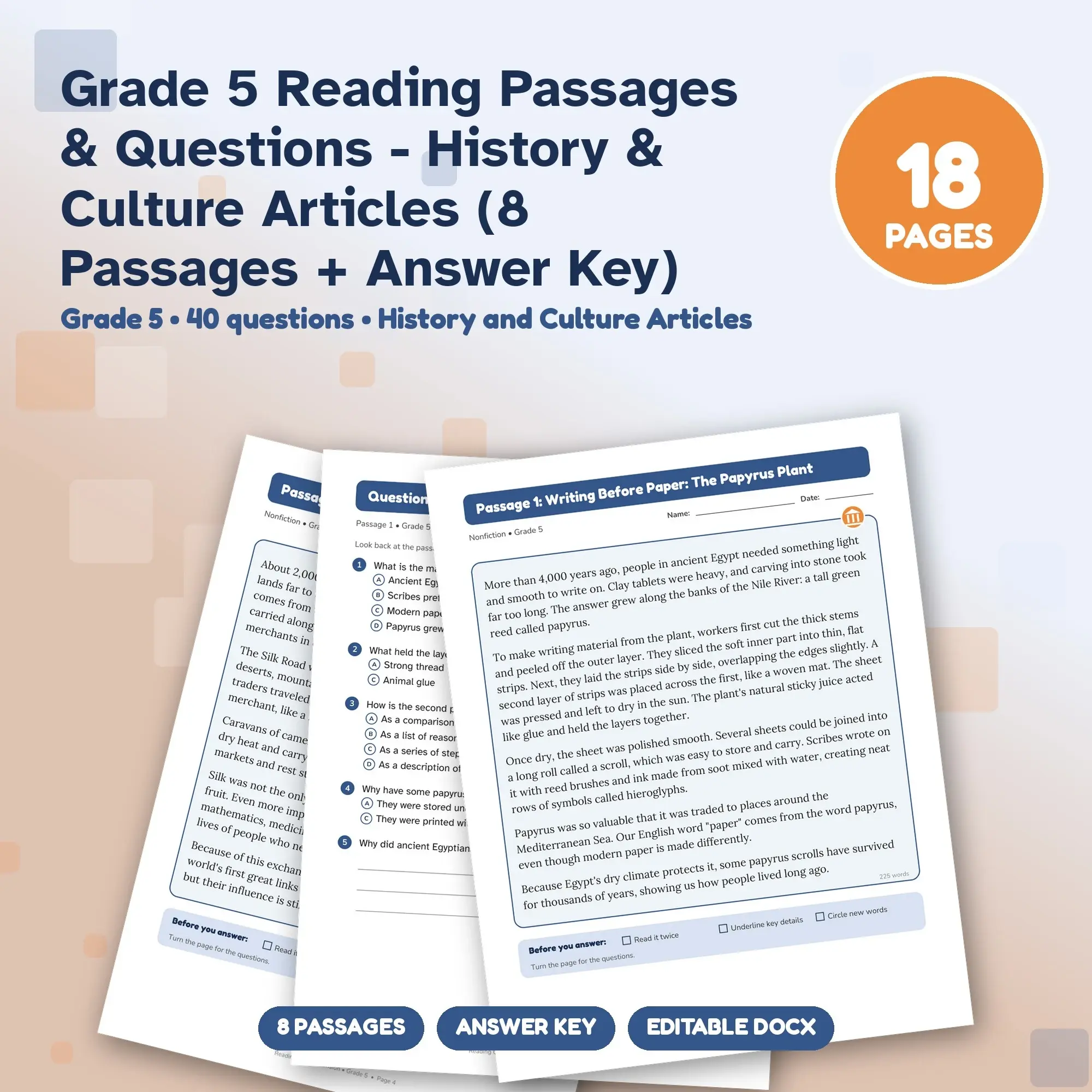 Grade 5 Reading Passages & Questions - History & Culture Articles (8 Passages + Answer Key) preview