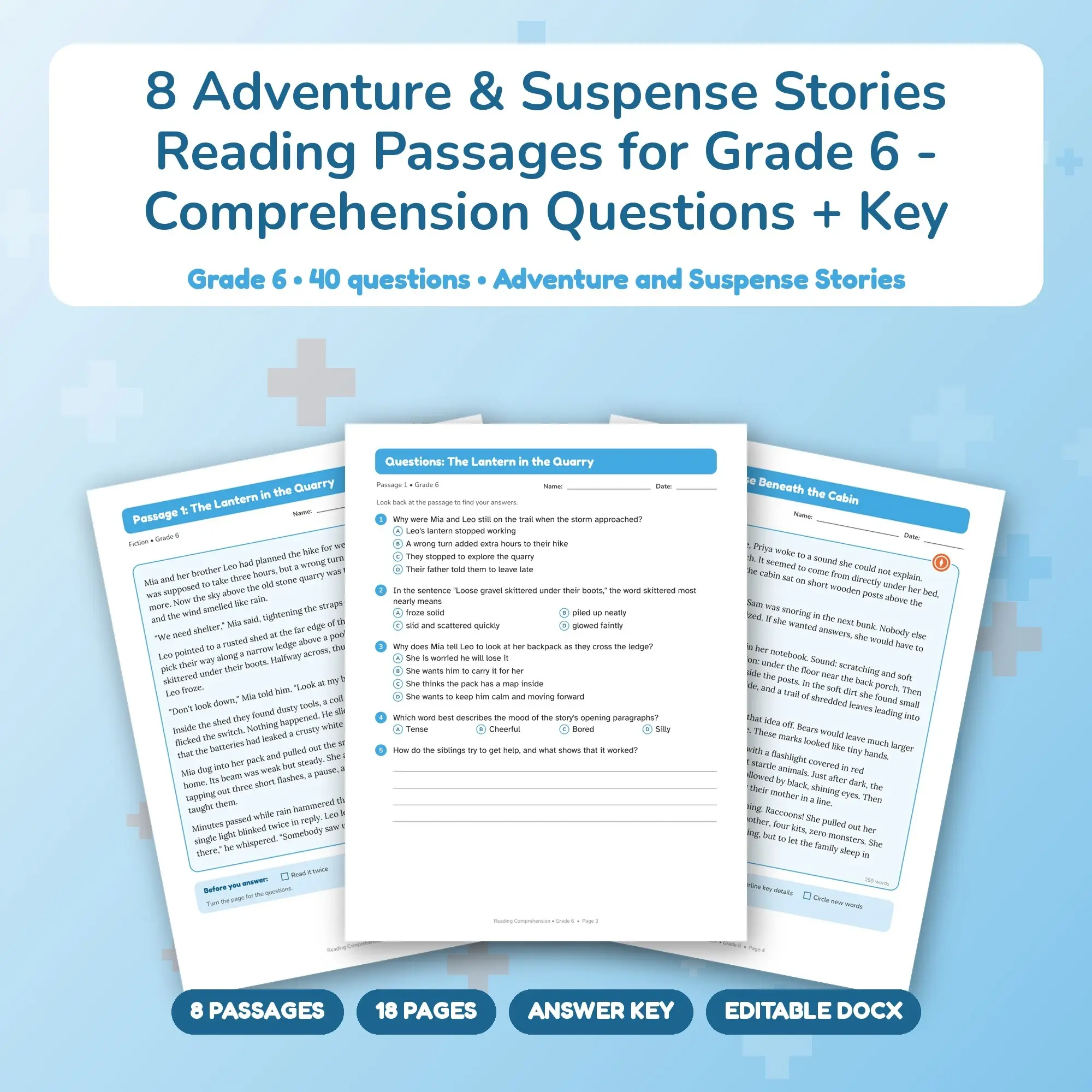 8 Adventure & Suspense Stories Reading Passages for Grade 6 - Comprehension Questions + Key preview