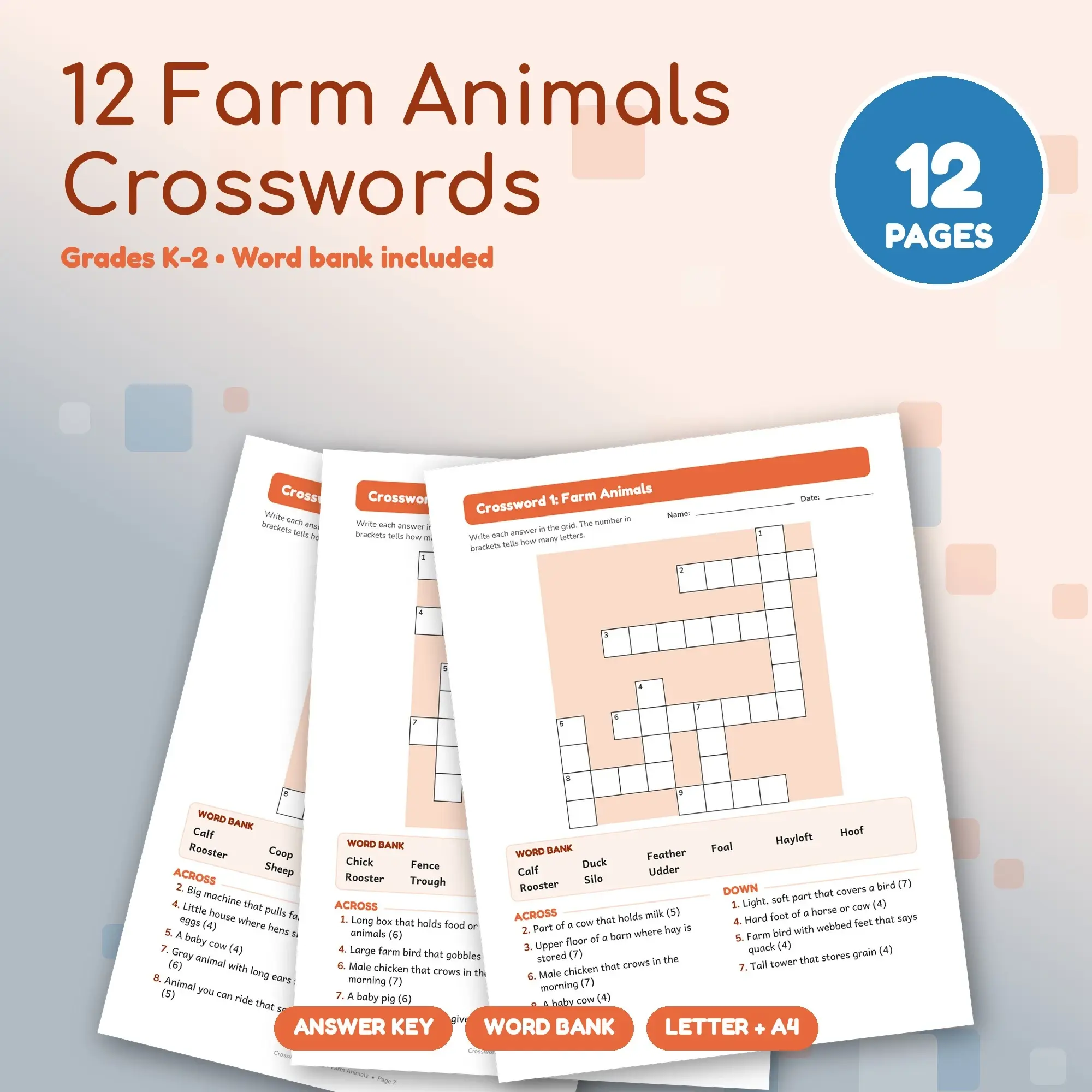 12 Farm Animals Crosswords with Word Bank - Grades K-2 Printable Puzzles preview