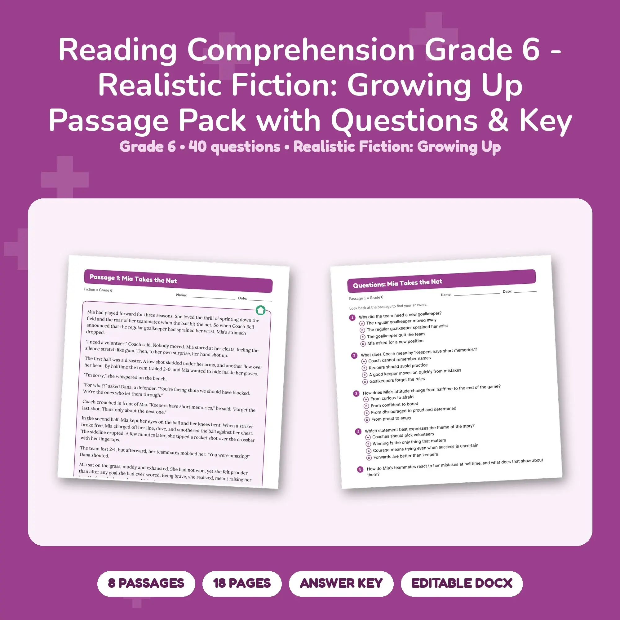 Reading Comprehension Grade 6 - Realistic Fiction: Growing Up Passage Pack with Questions & Key preview