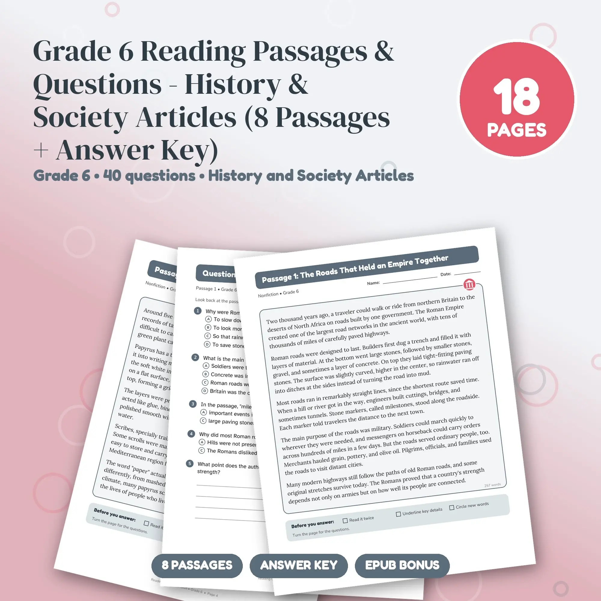 Grade 6 Reading Passages & Questions - History & Society Articles (8 Passages + Answer Key) preview
