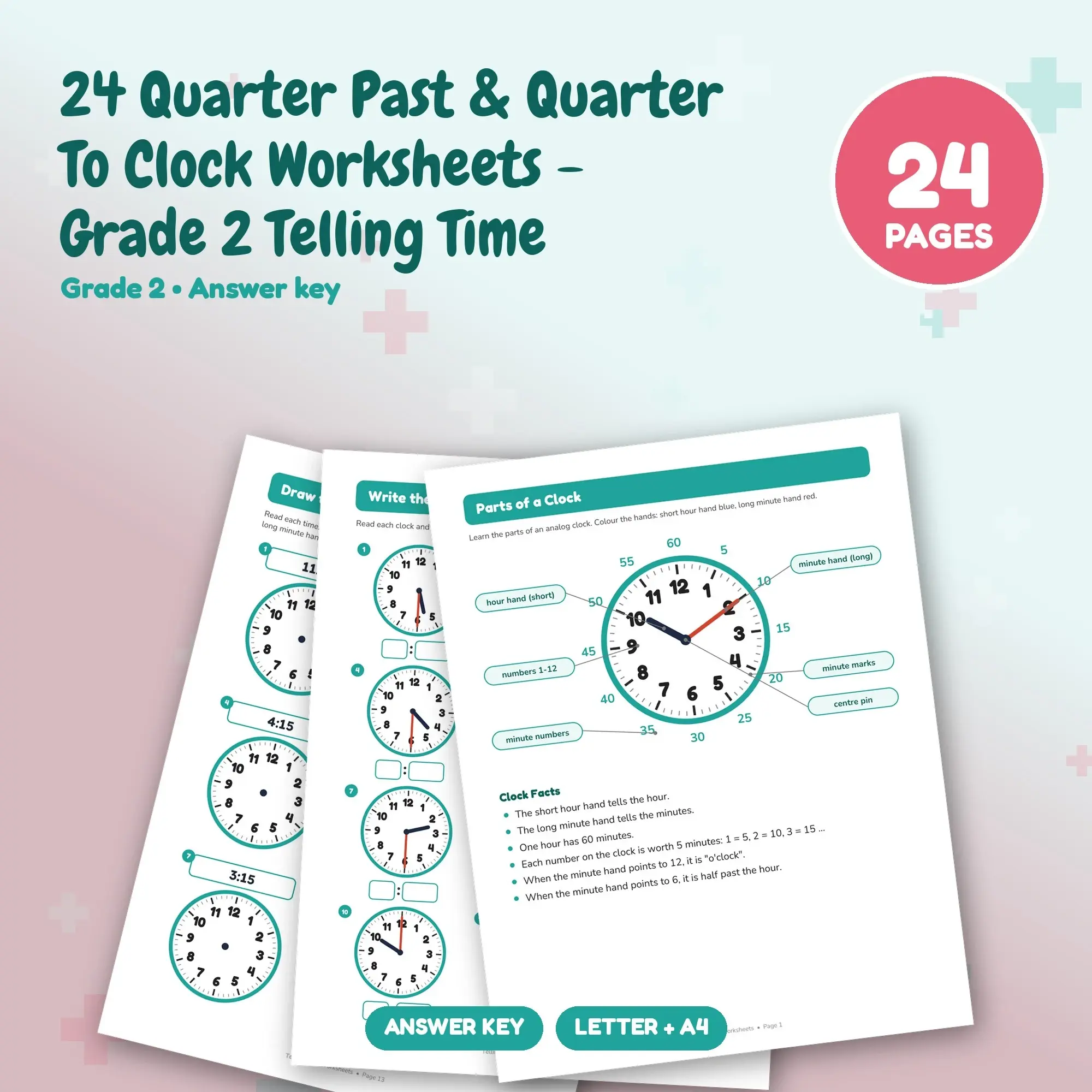 24 Quarter Past & Quarter To Clock Worksheets - Grade 2 Telling Time preview