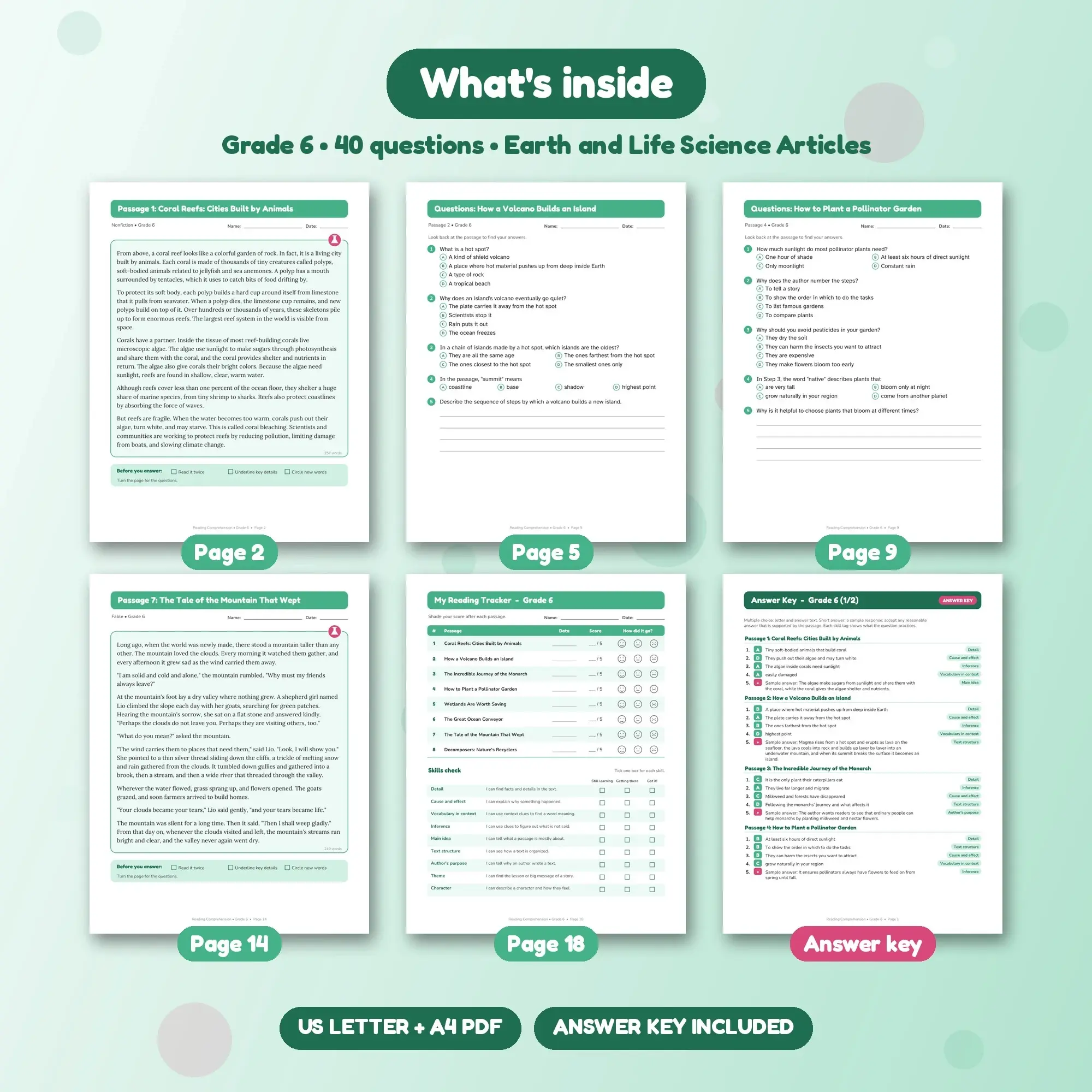 Grade 6 Reading Comprehension Passages - Earth & Life Science Articles (8) + Answer Key, preview 2 of 2