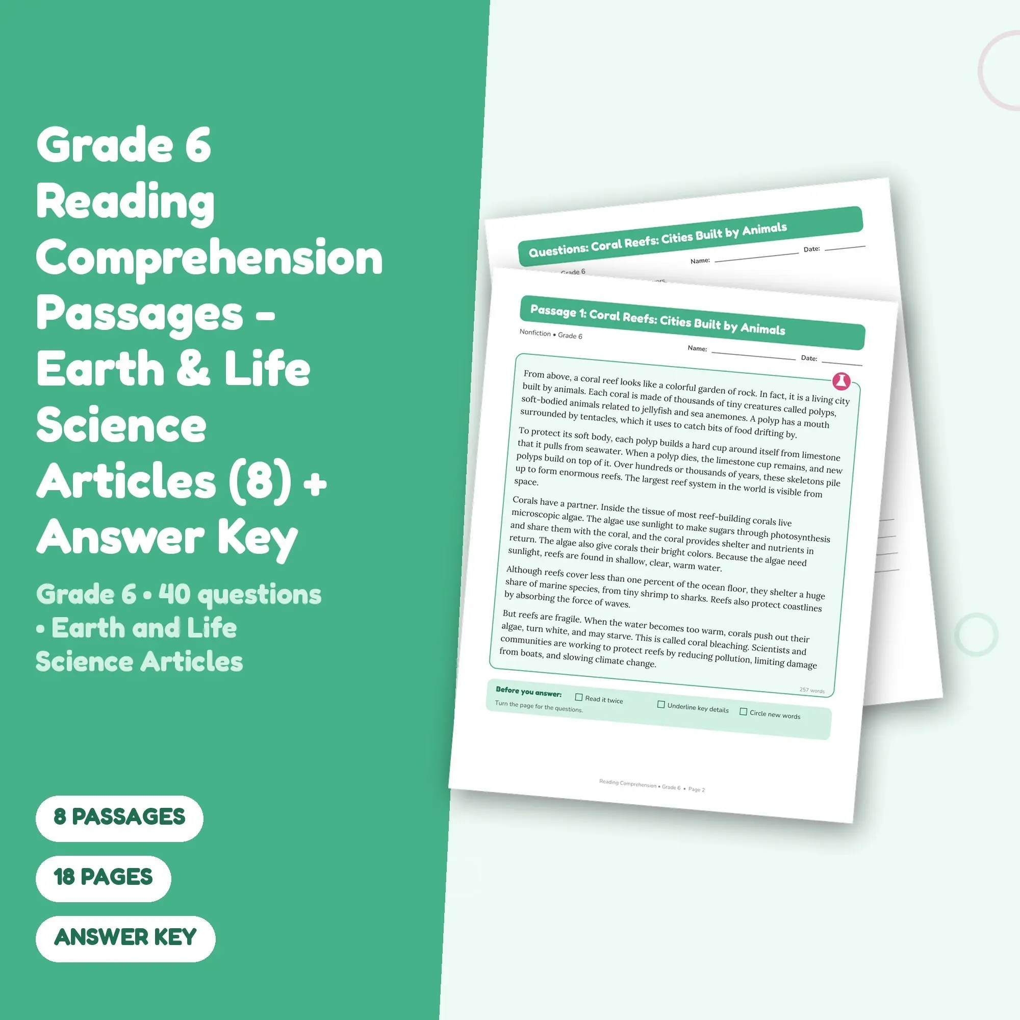 Grade 6 Reading Comprehension Passages - Earth & Life Science Articles (8) + Answer Key, preview 1 of 2