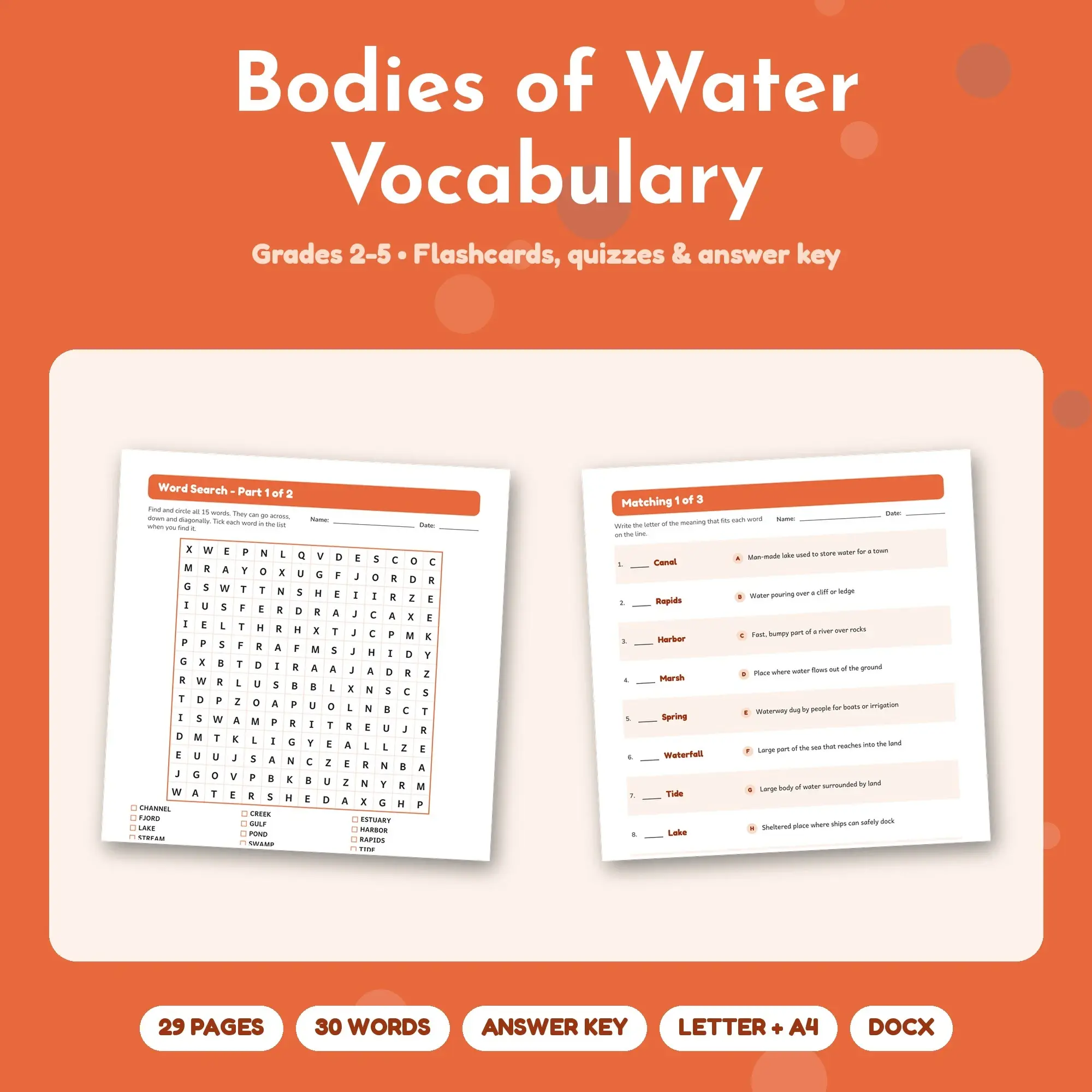 Bodies of Water Vocabulary Study Set - Flashcards, Quizzes & Word Search, Grades 2-5 preview