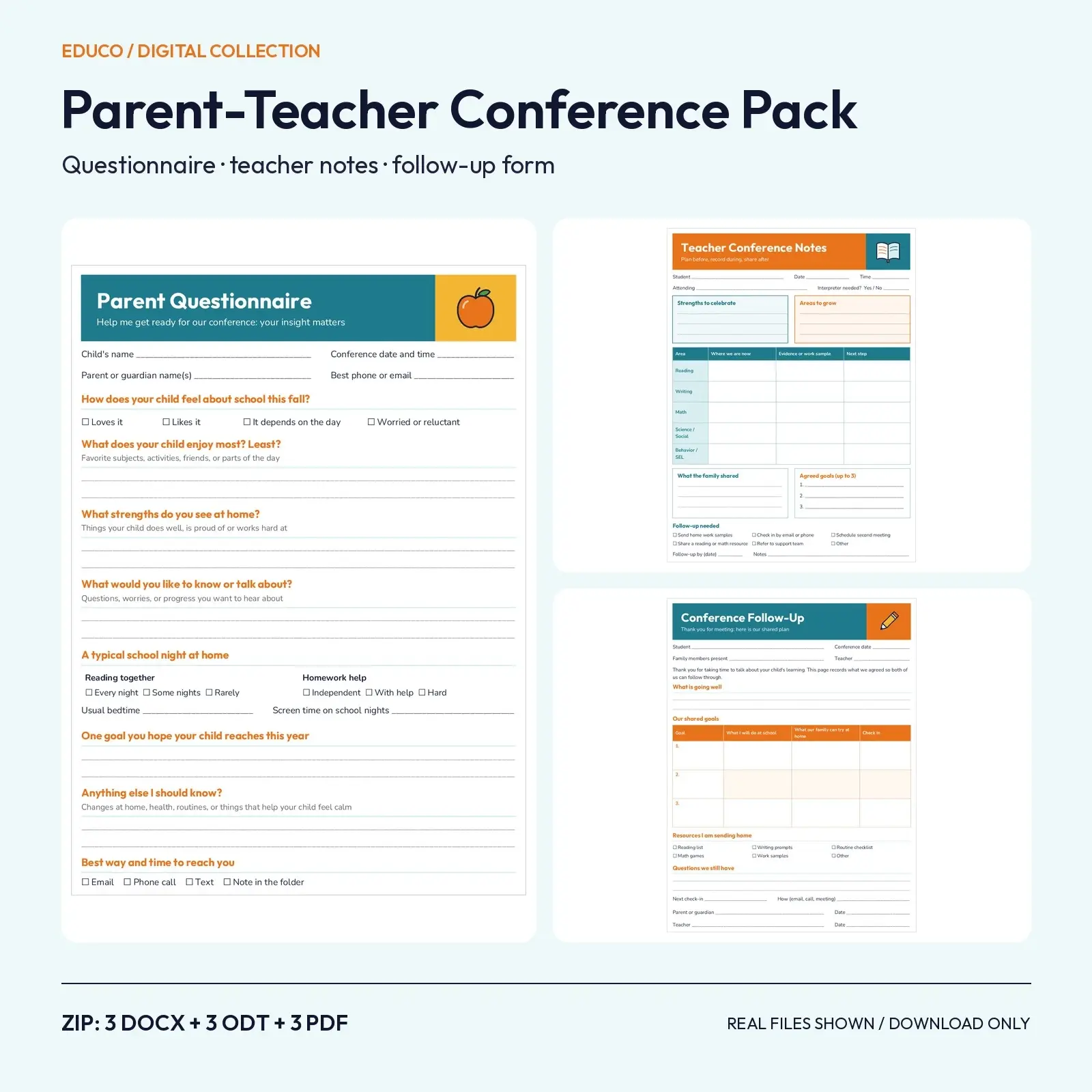 Fall Parent-Teacher Conference Pack: Questionnaire, Teacher Notes and Follow-Up Form (DOCX, ODT, PDF) preview