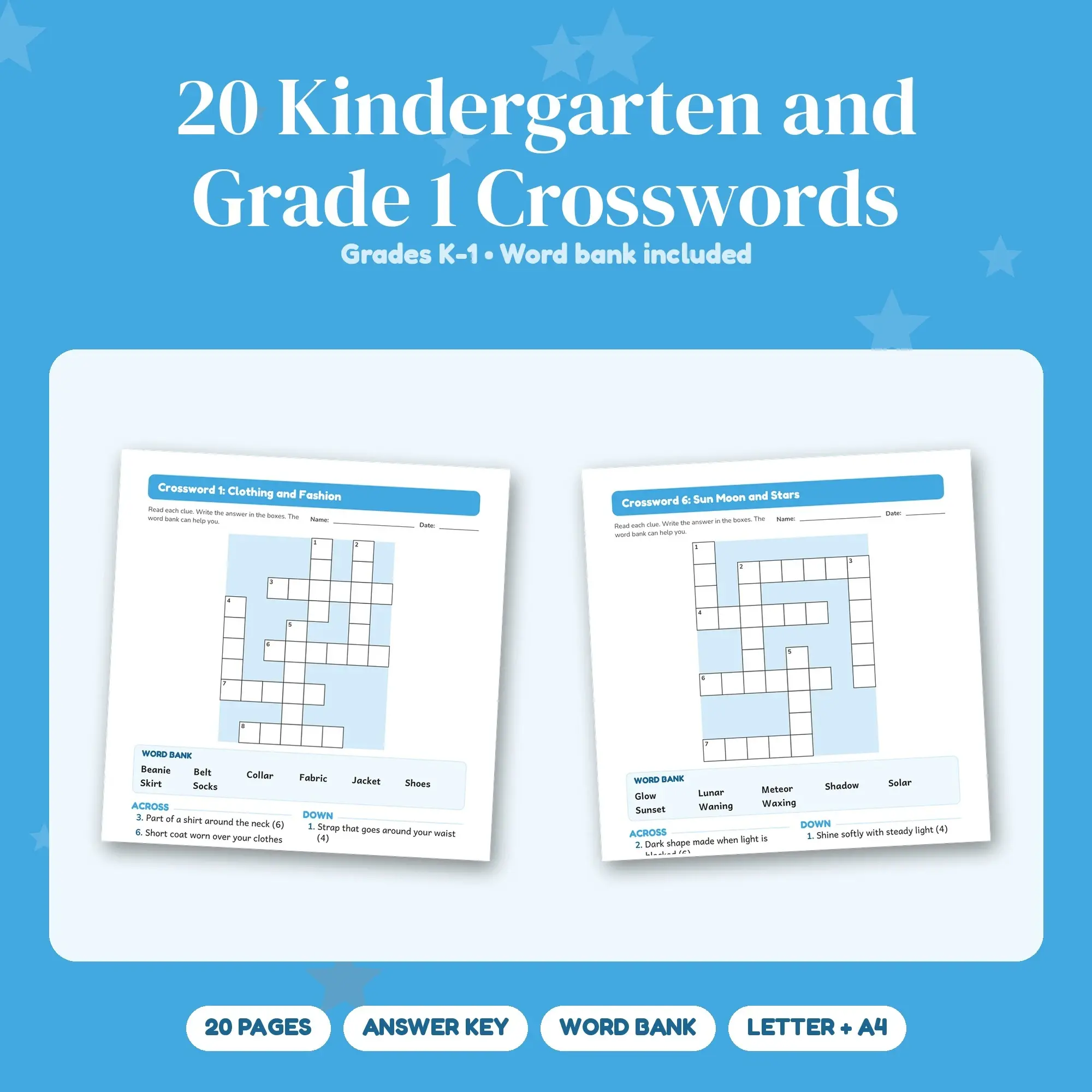 Kindergarten & Grade 1 Crossword Puzzle Book: 20 Printable Puzzles + Answer Key preview