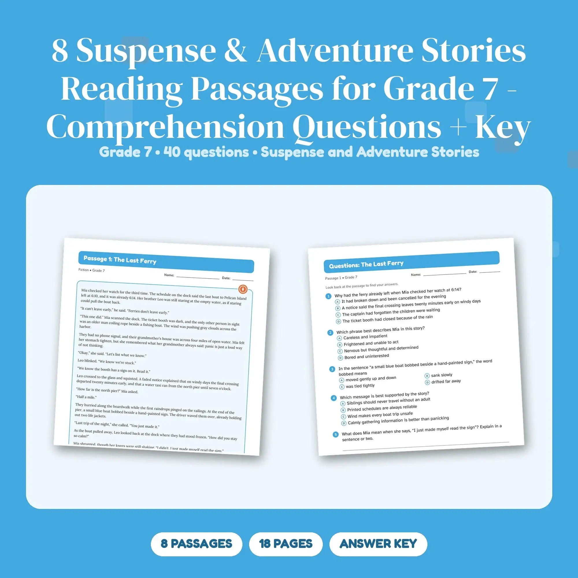 8 Suspense & Adventure Stories Reading Passages for Grade 7 - Comprehension Questions + Key preview