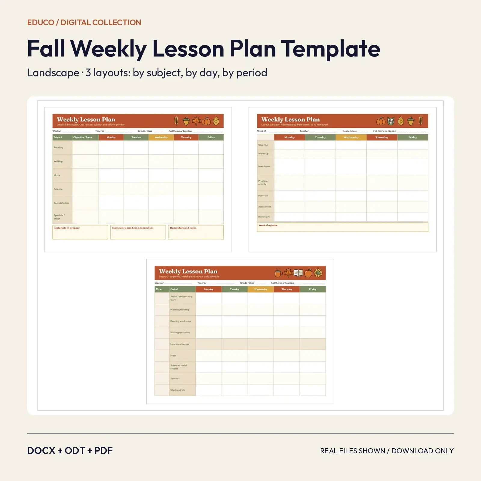 Fall Weekly Lesson Plan Template, Landscape: 3 Layouts by Subject, Day and Period (DOCX, ODT, PDF) preview