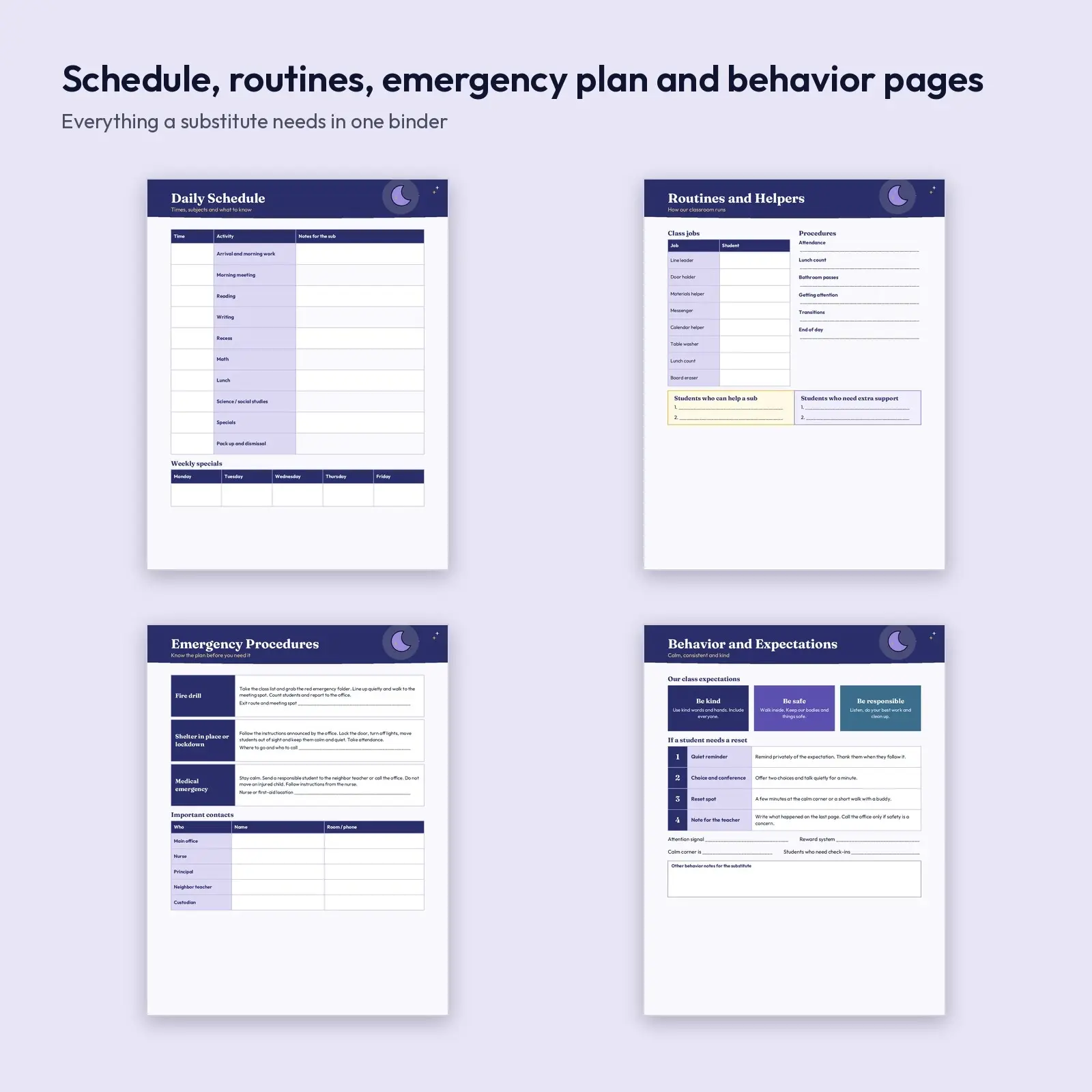 Substitute Teacher Binder Pages for Fall: 8 Editable Pages with Roster, Schedule and Emergency Plan (DOCX, ODT, PDF), preview 3 of 4