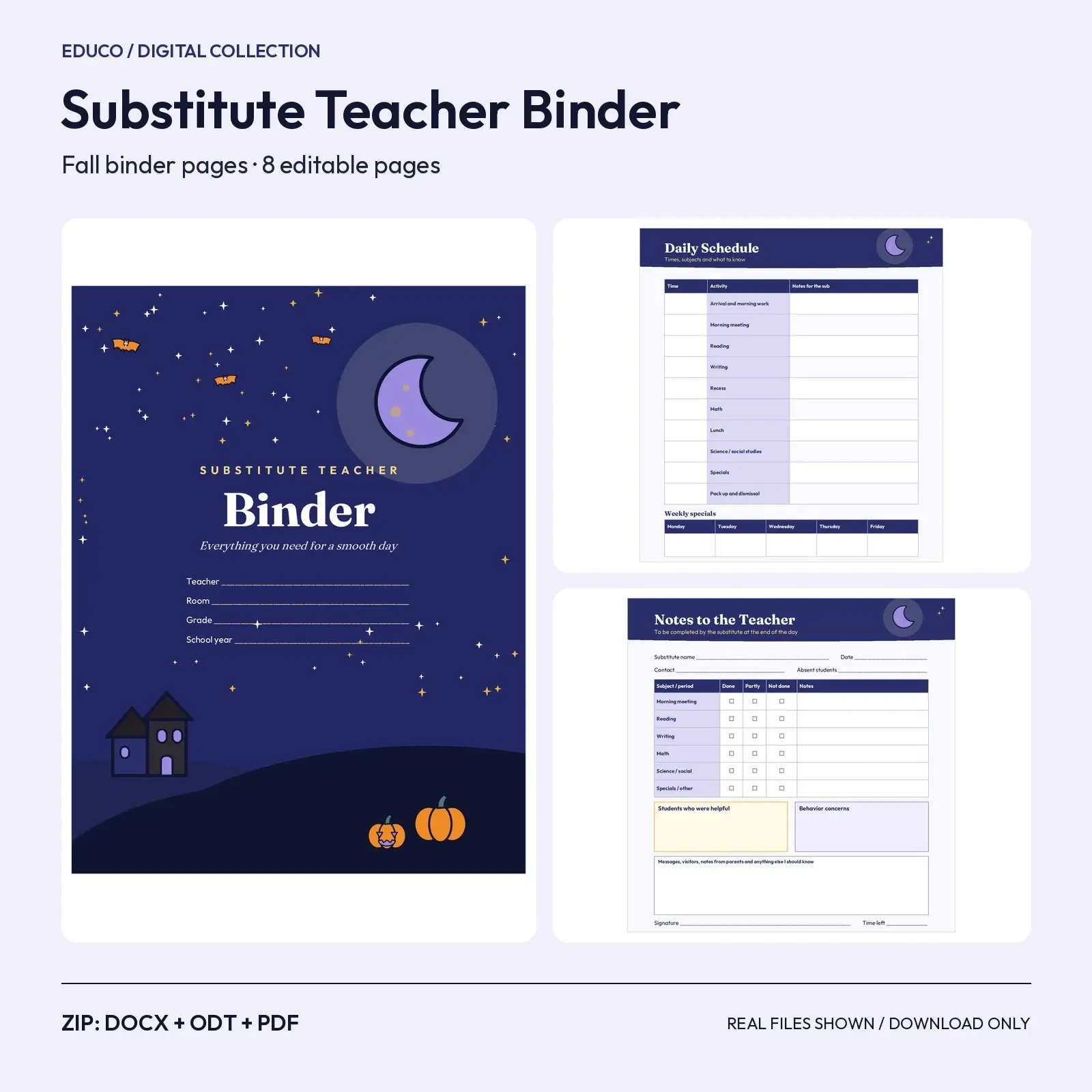 Substitute Teacher Binder Pages for Fall: 8 Editable Pages with Roster, Schedule and Emergency Plan (DOCX, ODT, PDF), preview 1 of 4