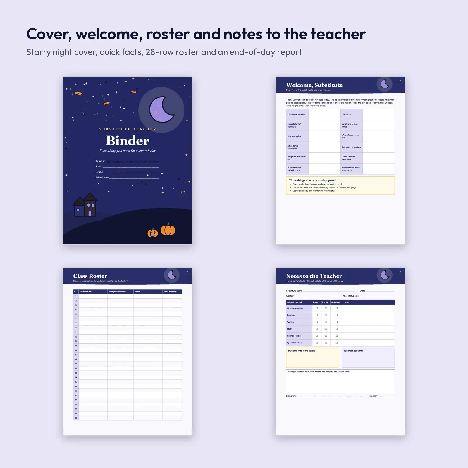 Substitute Teacher Binder Pages for Fall: 8 Editable Pages with Roster, Schedule and Emergency Plan (DOCX, ODT, PDF), preview 2 of 4