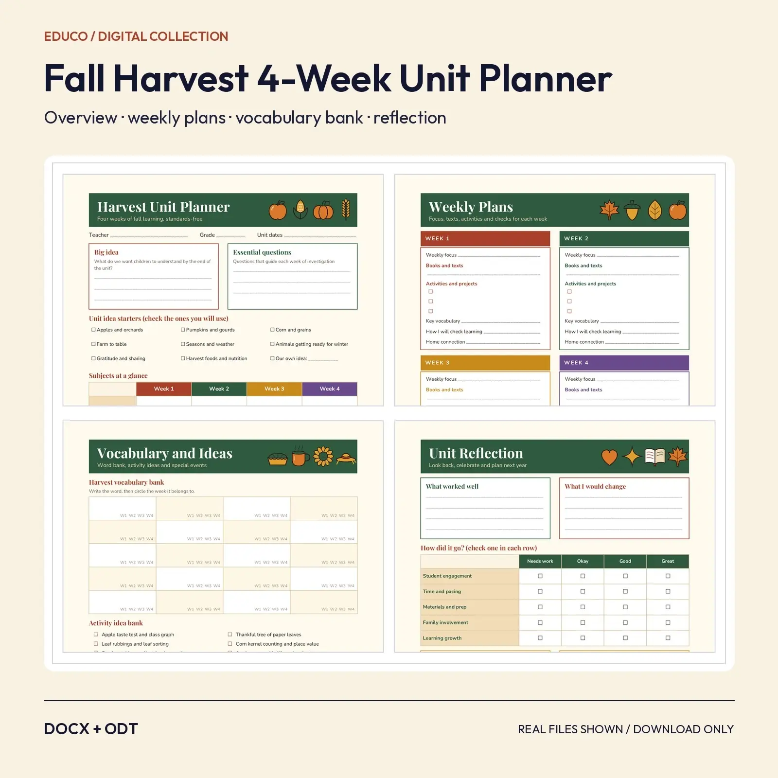 Fall Harvest Unit Planner: 4-Week Standards-Free Teacher Planner with Vocabulary and Reflection (DOCX, ODT) preview