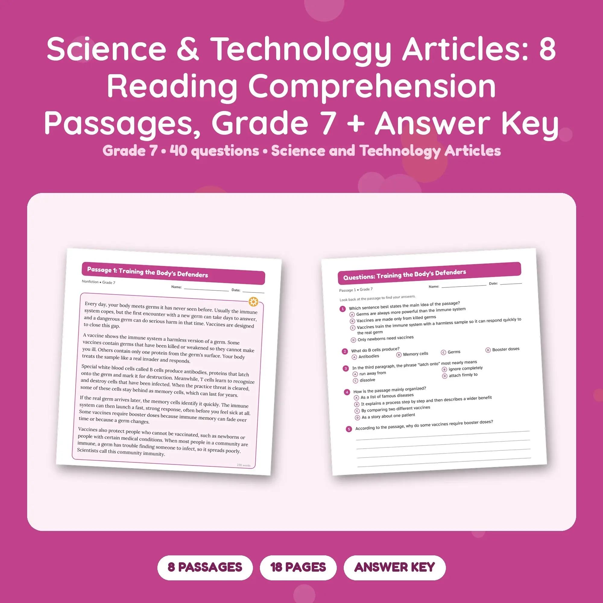 Science & Technology Articles: 8 Reading Comprehension Passages, Grade 7 + Answer Key preview