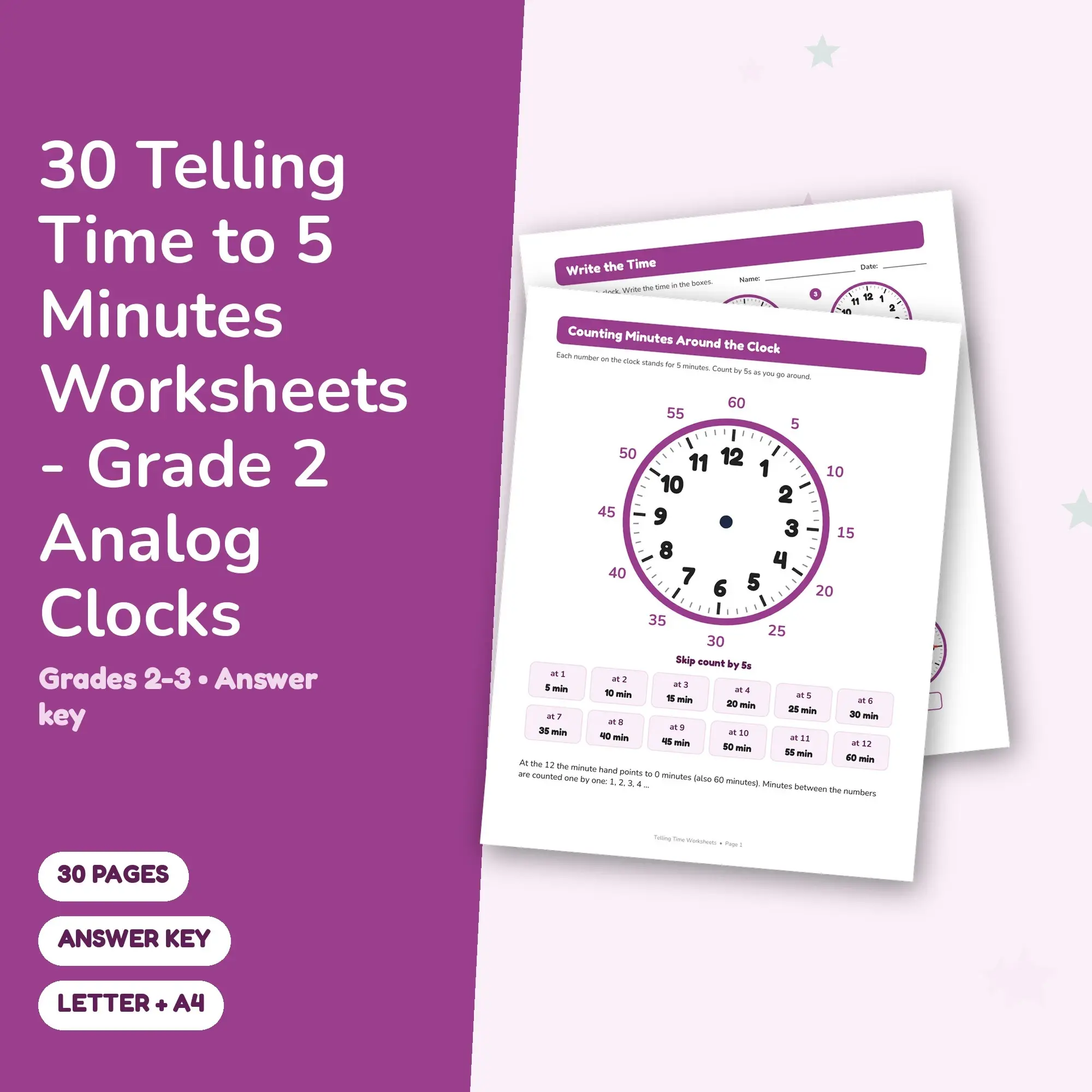 30 Telling Time to 5 Minutes Worksheets - Grade 2 Analog Clocks preview