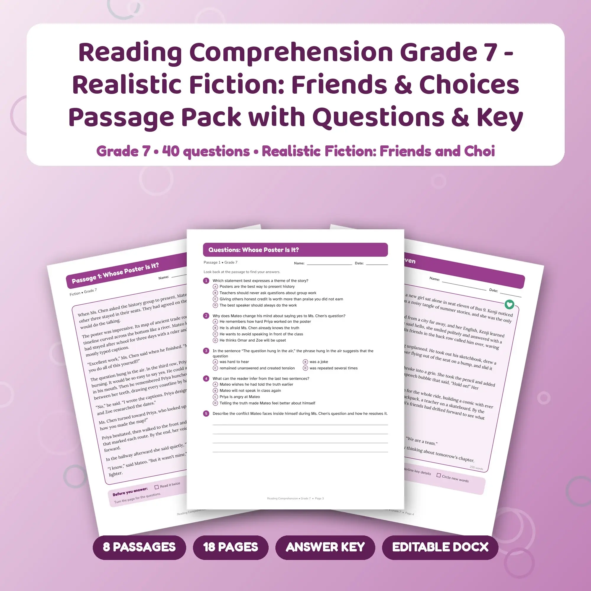 Reading Comprehension Grade 7 - Realistic Fiction: Friends & Choices Passage Pack with Questions & Key preview