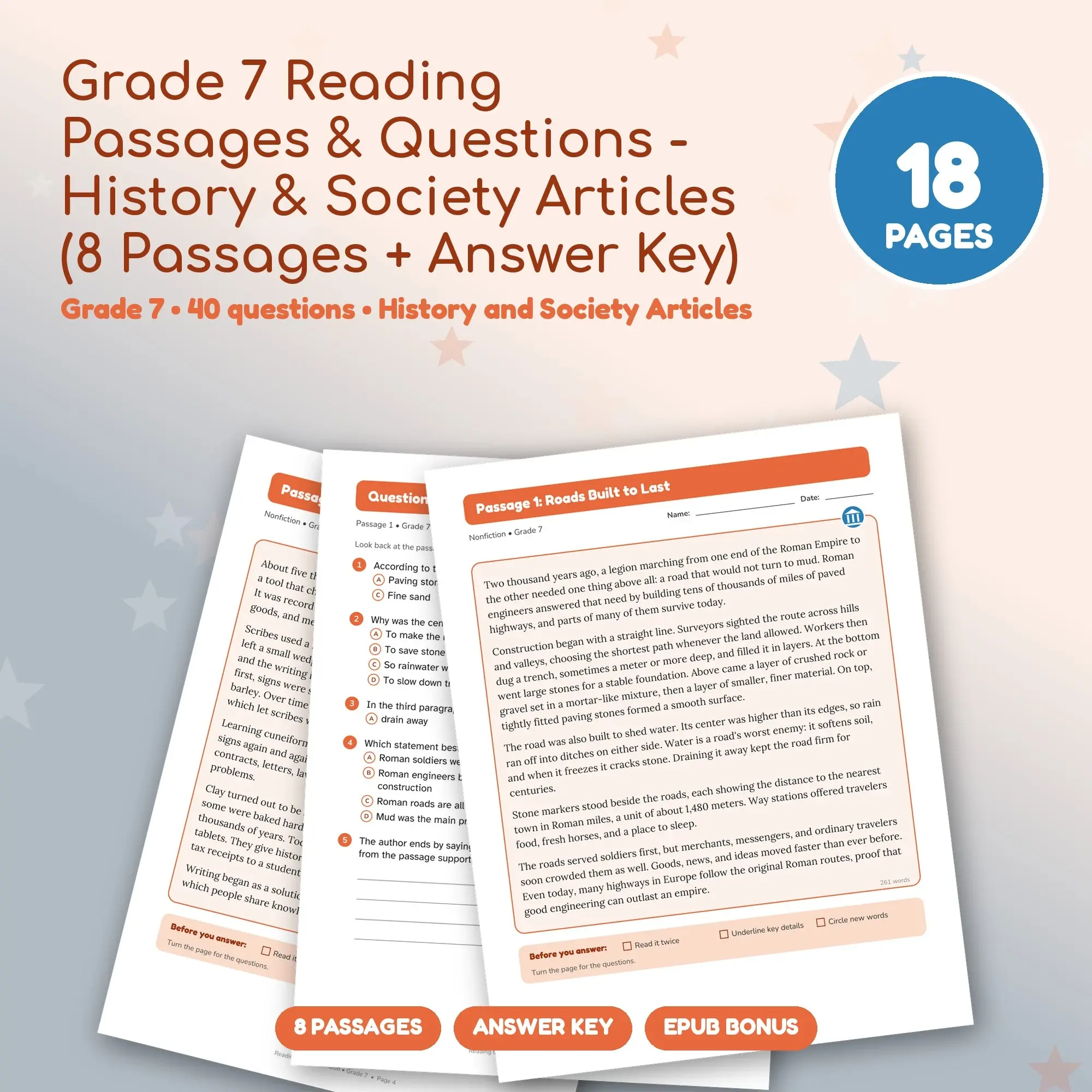 Grade 7 Reading Passages & Questions - History & Society Articles (8 Passages + Answer Key) preview