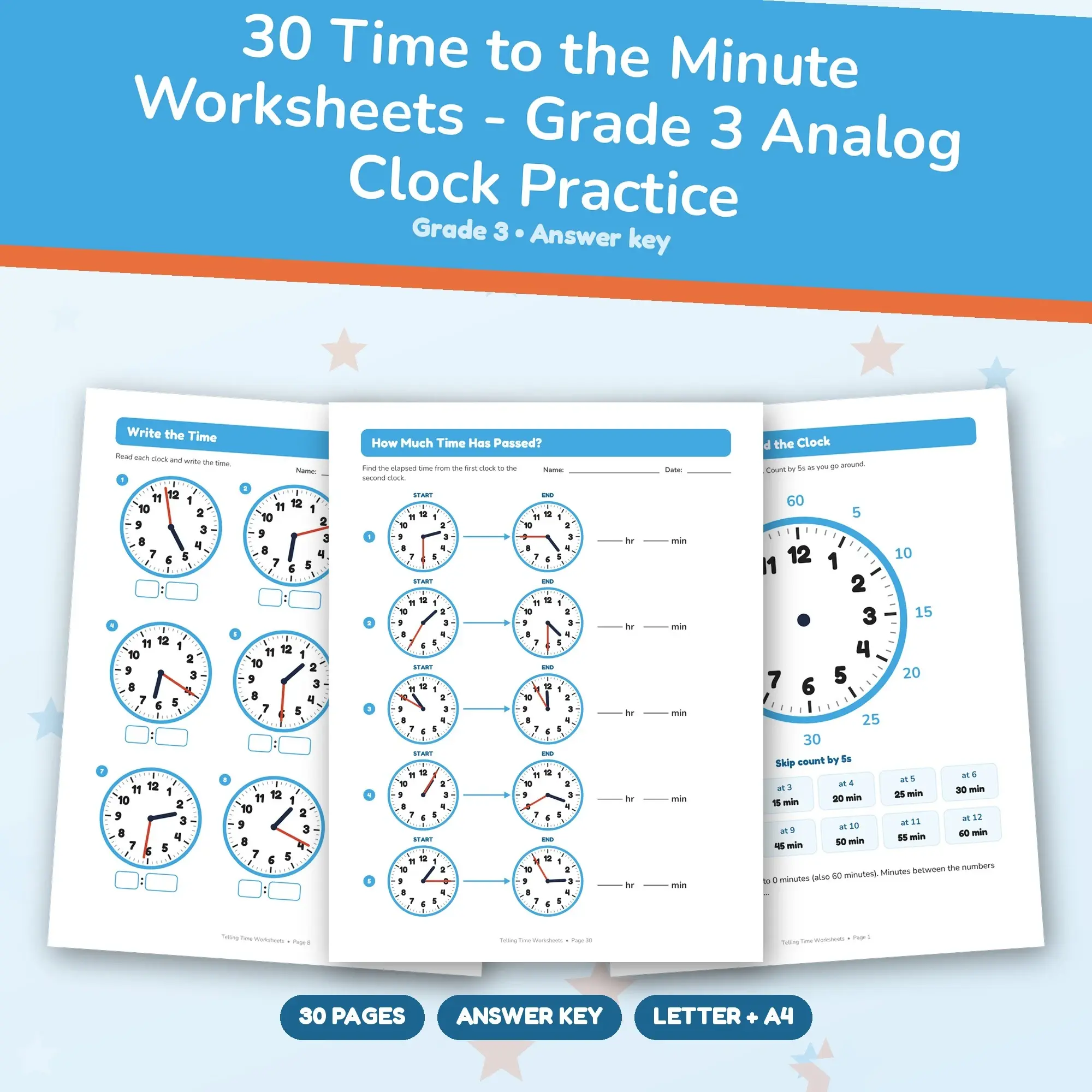 30 Time to the Minute Worksheets - Grade 3 Analog Clock Practice preview