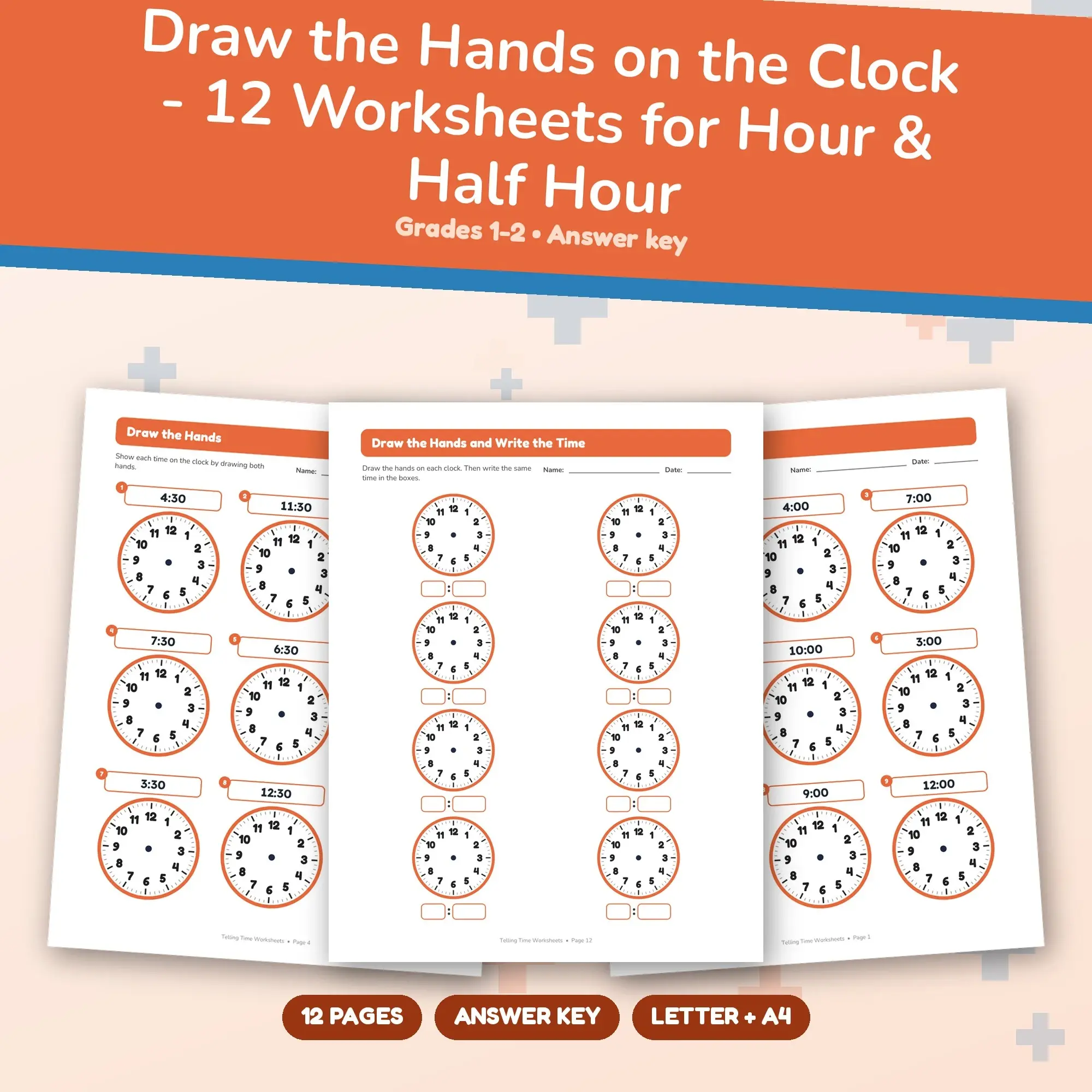 Draw the Hands on the Clock - 12 Worksheets for Hour & Half Hour preview