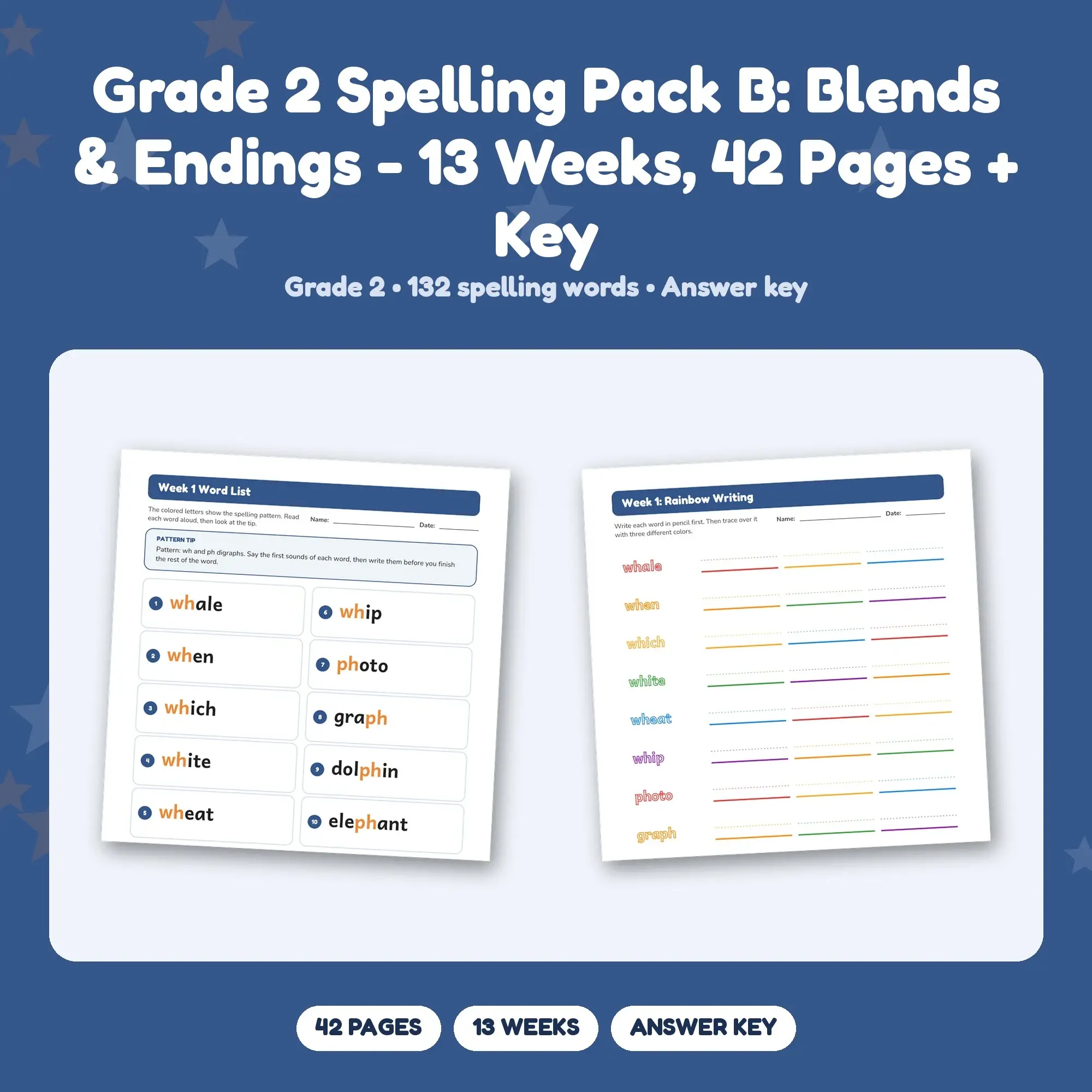 Grade 2 Spelling Pack B: Blends & Endings - 13 Weeks, 42 Pages + Key preview