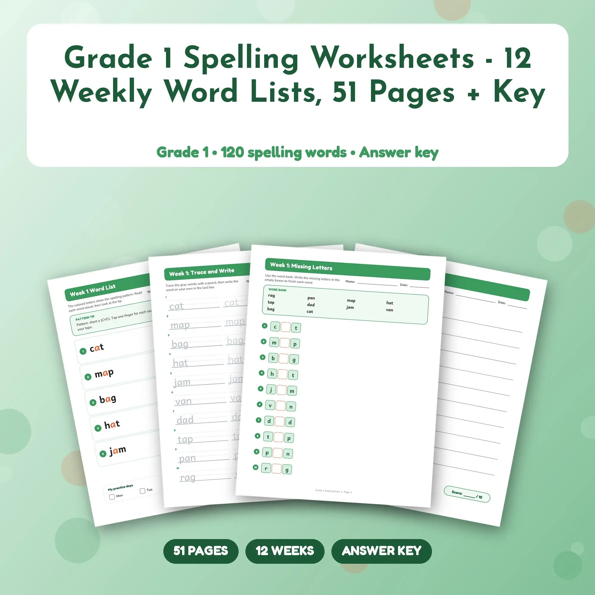 Grade 1 Spelling Worksheets - 12 Weekly Word Lists, 51 Pages + Key preview