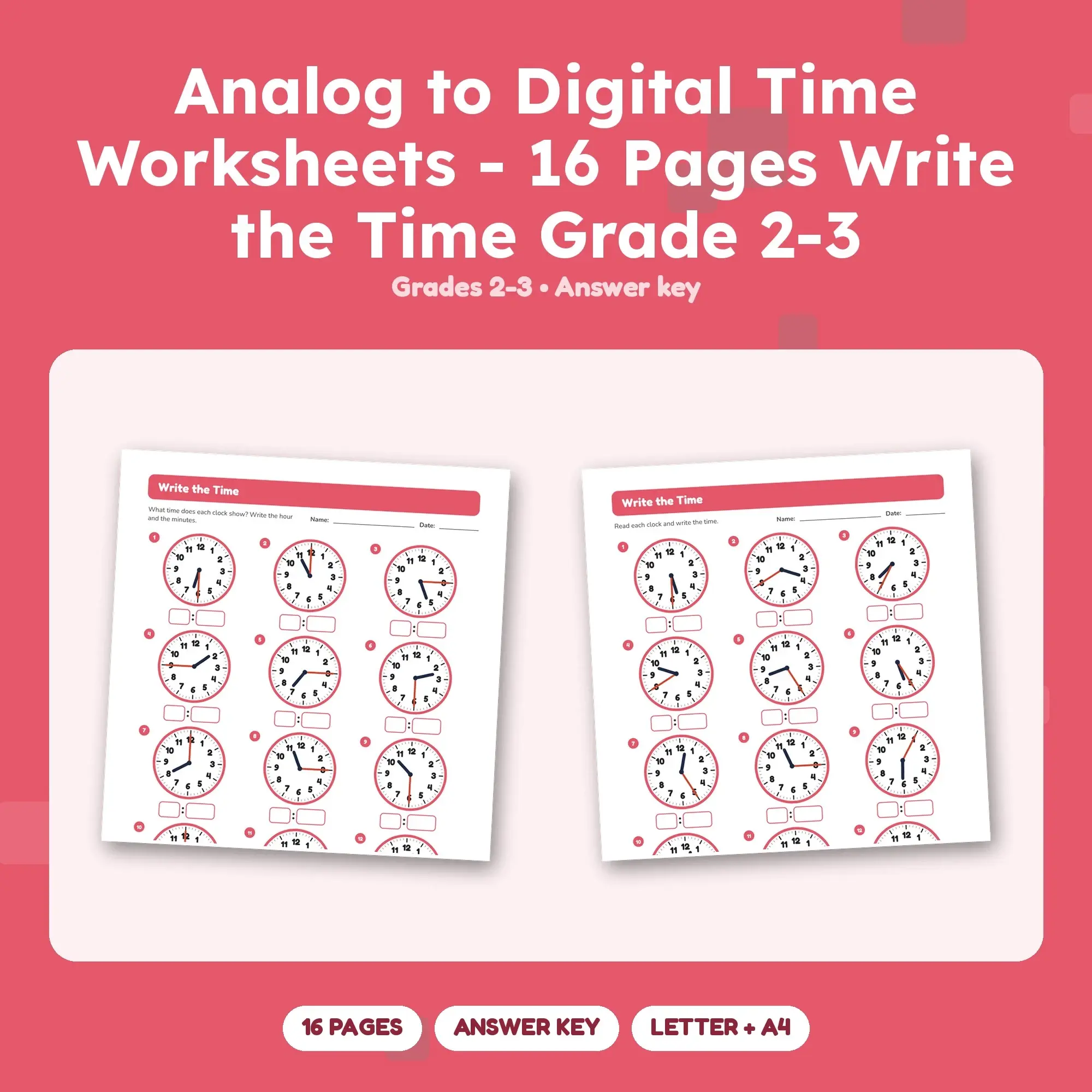 Analog to Digital Time Worksheets - 16 Pages Write the Time Grade 2-3 preview