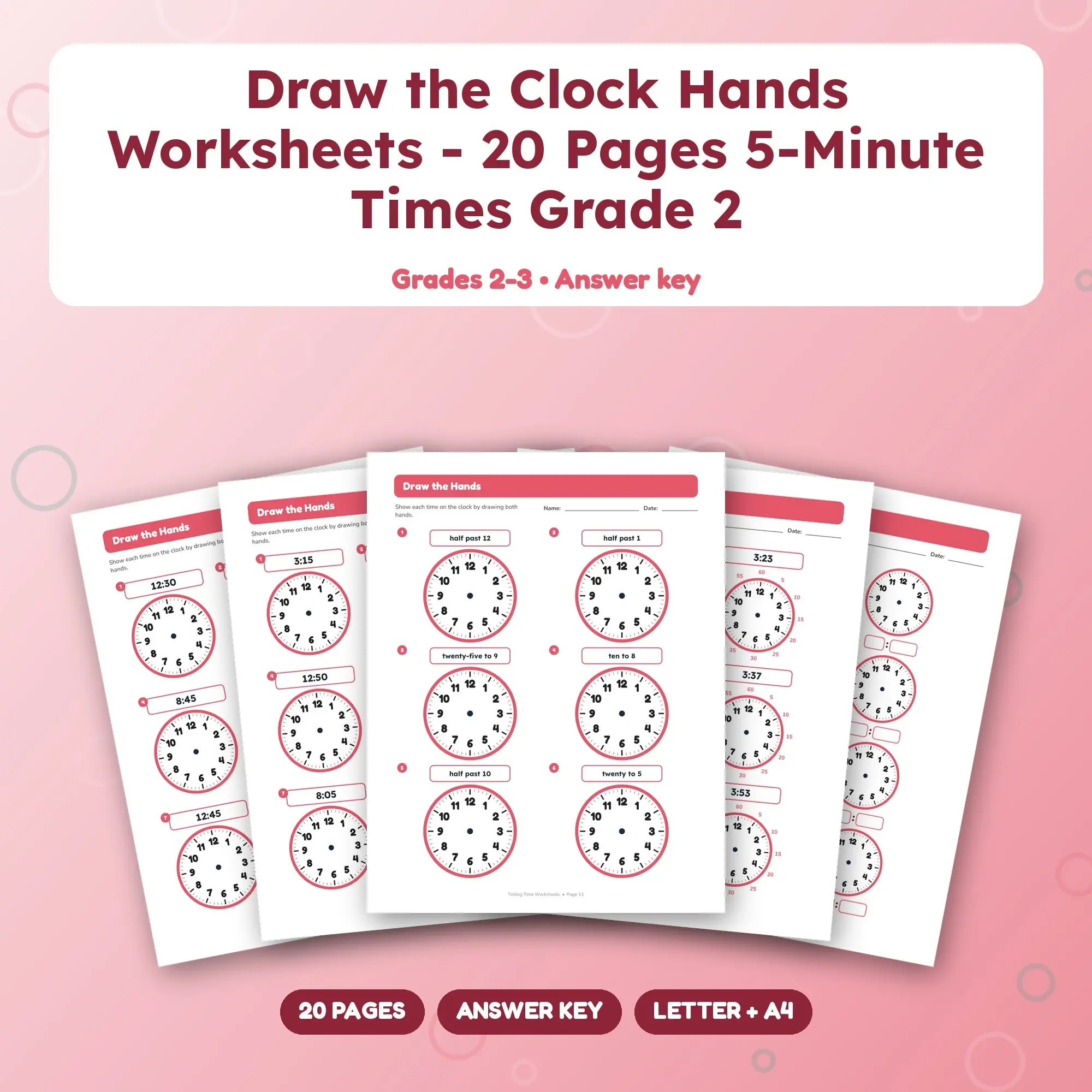 Draw the Clock Hands Worksheets - 20 Pages 5-Minute Times Grade 2 preview