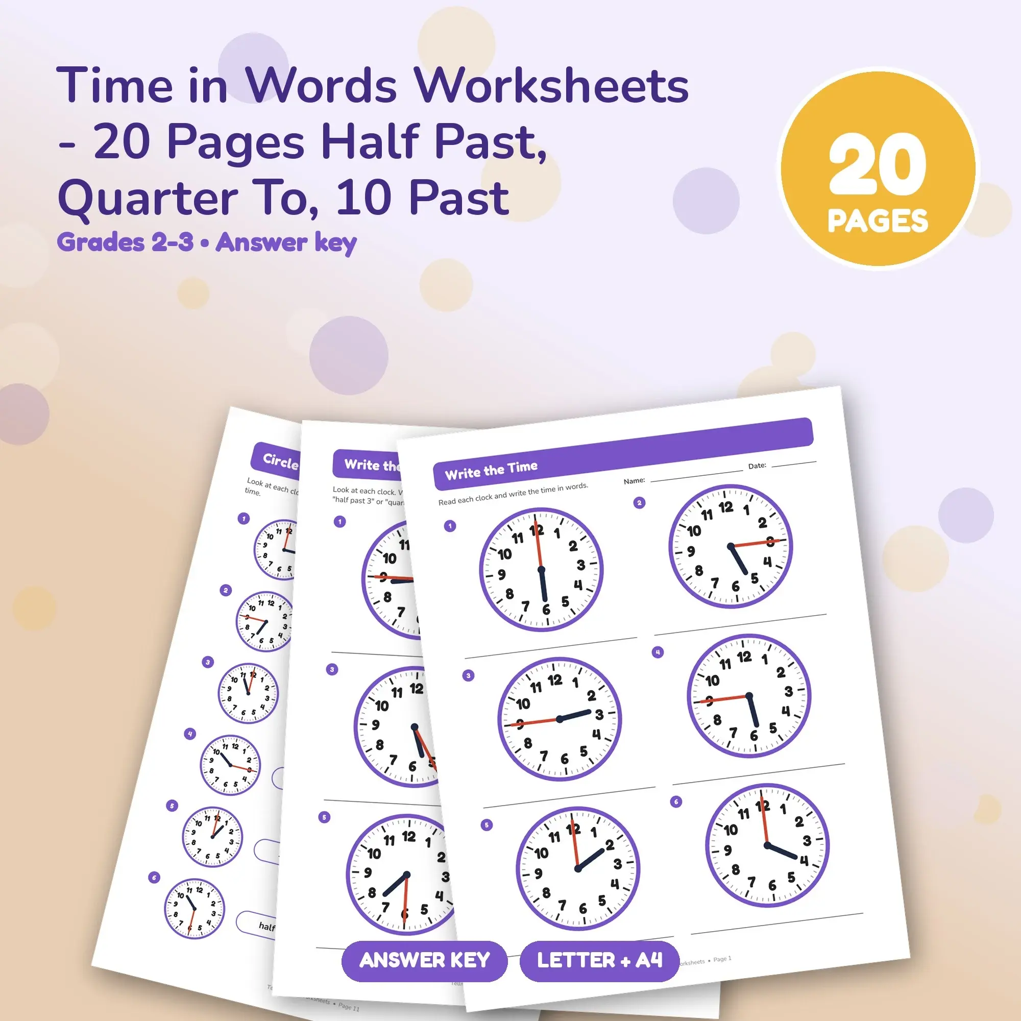 Time in Words Worksheets - 20 Pages Half Past, Quarter To, 10 Past preview