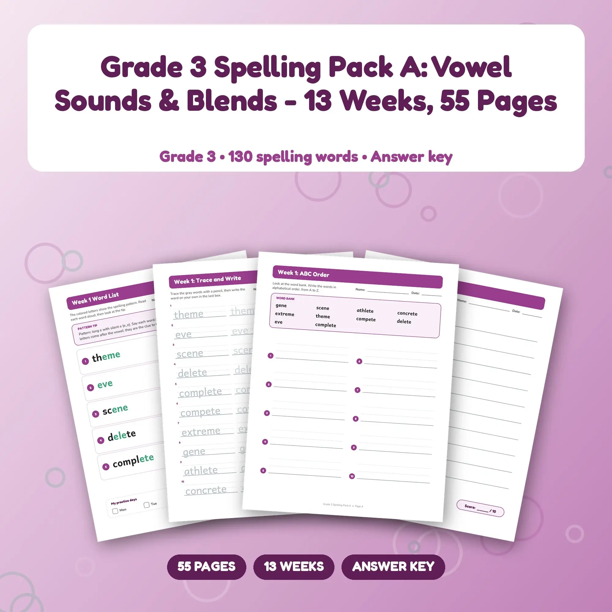Grade 3 Spelling Pack A: Vowel Sounds & Blends - 13 Weeks, 55 Pages preview