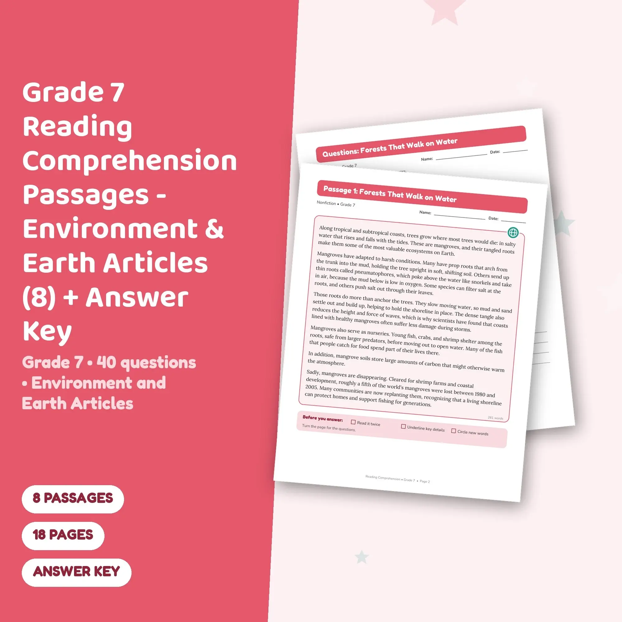 Grade 7 Reading Comprehension Passages - Environment & Earth Articles (8) + Answer Key preview