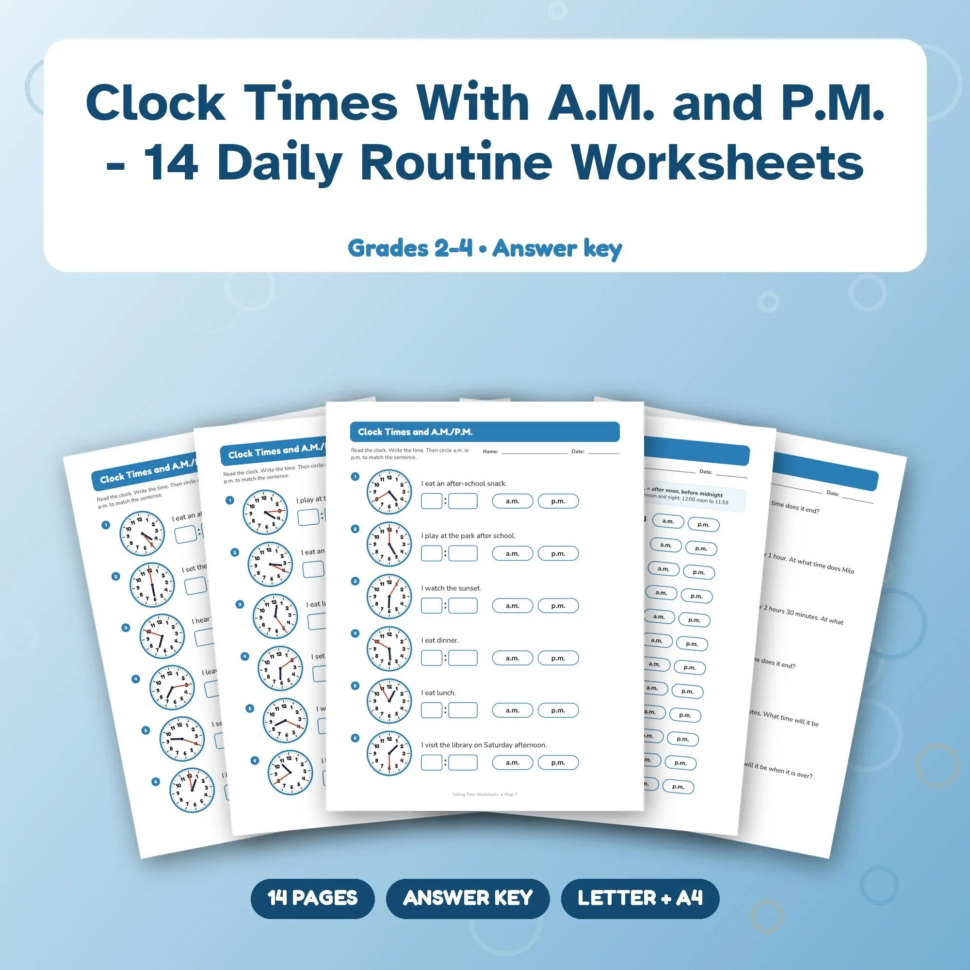 Clock Times With A.M. and P.M. - 14 Daily Routine Worksheets preview