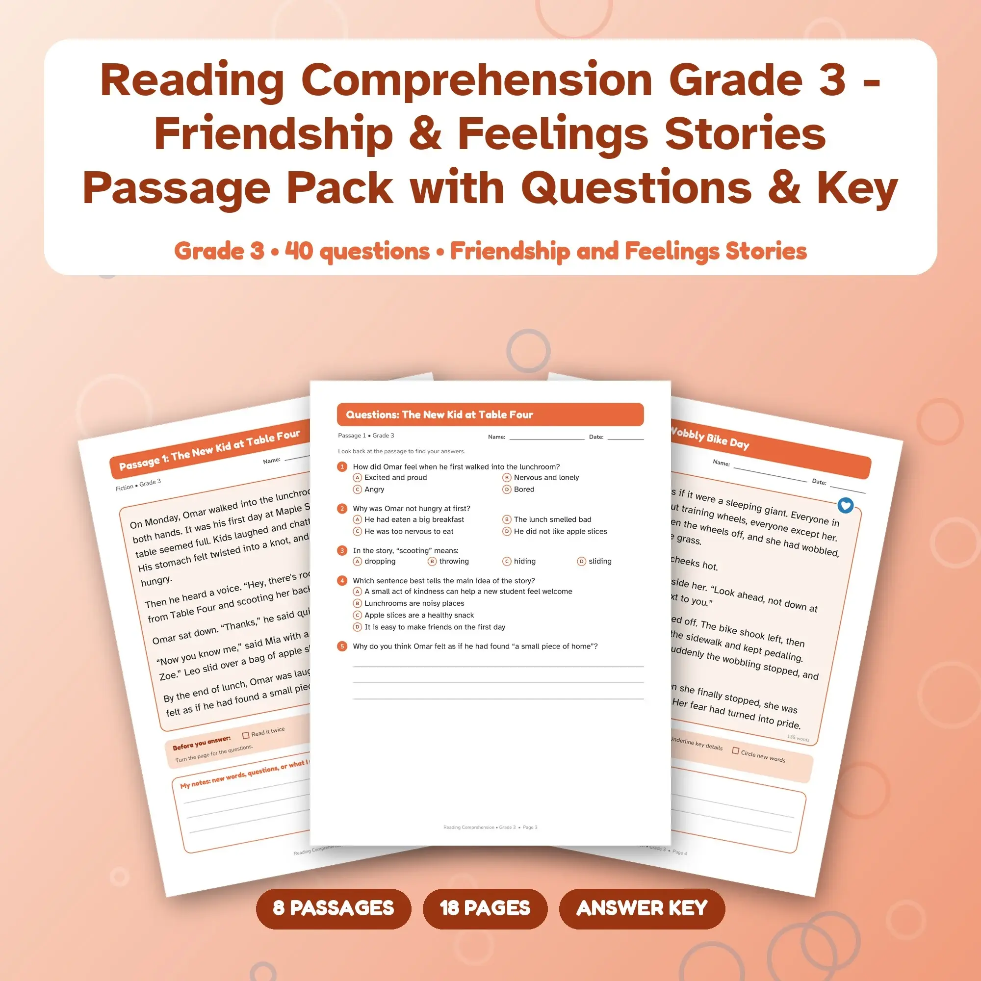 Reading Comprehension Grade 3 - Friendship & Feelings Stories Passage Pack with Questions & Key preview