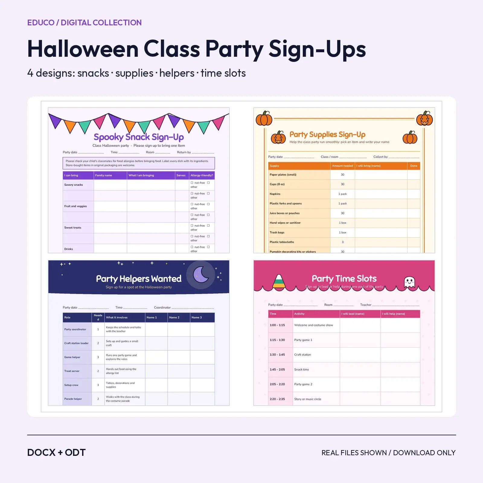 Halloween Class Party Sign-Up Sheets: 4 Designs for Snacks, Supplies, Helpers and Time Slots (DOCX, ODT) preview