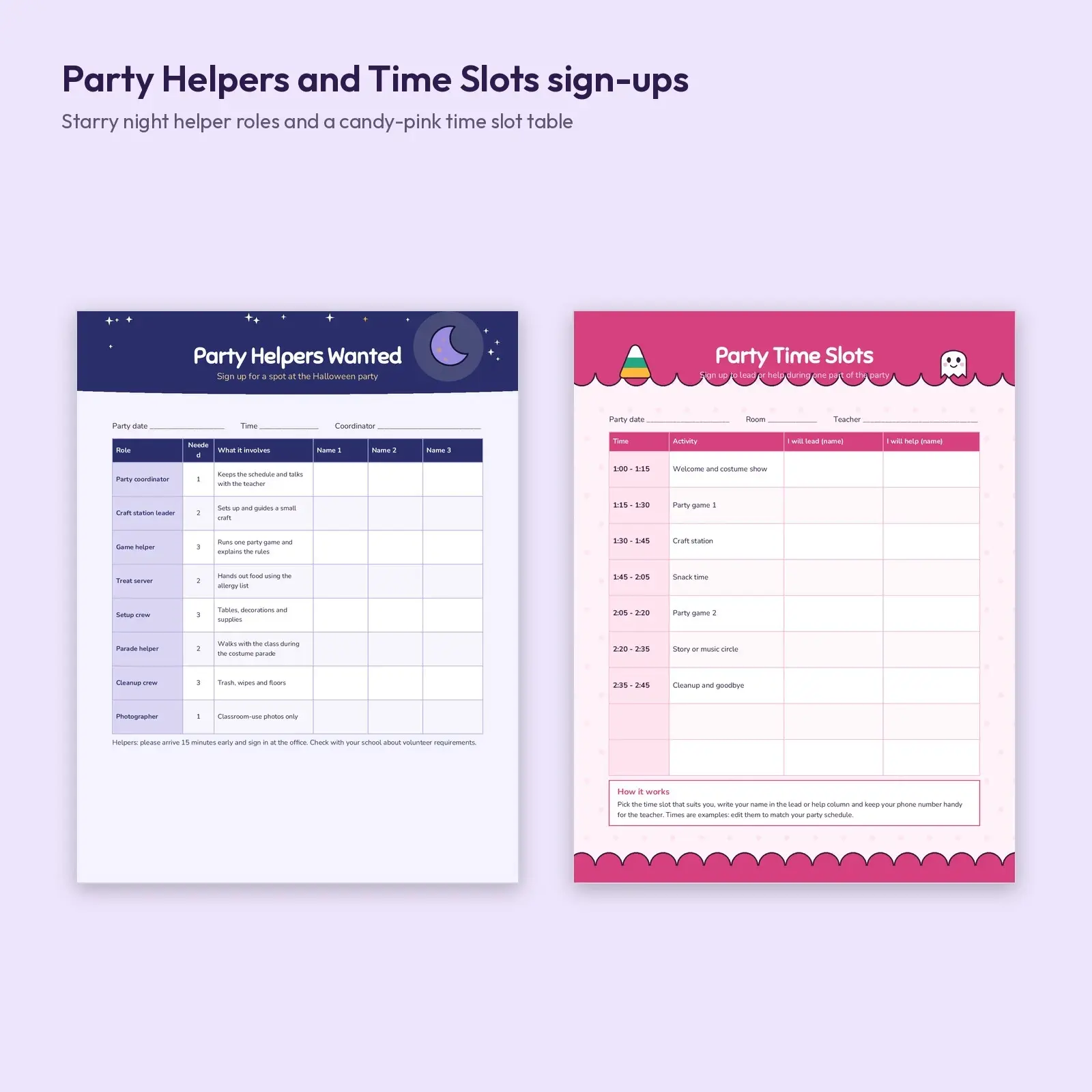 Halloween Class Party Sign-Up Sheets: 4 Designs for Snacks, Supplies, Helpers and Time Slots (DOCX, ODT), preview 3 of 4