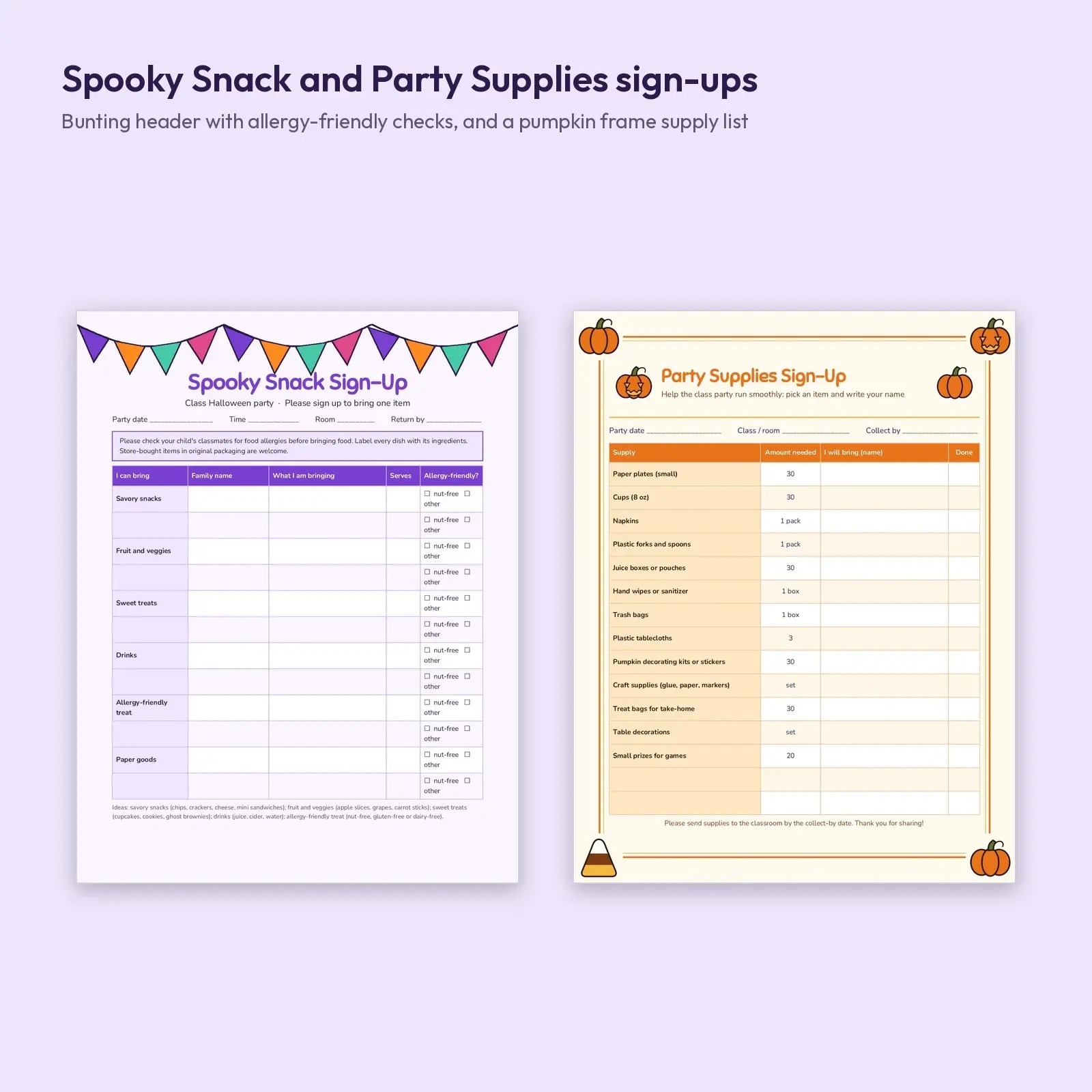 Halloween Class Party Sign-Up Sheets: 4 Designs for Snacks, Supplies, Helpers and Time Slots (DOCX, ODT), preview 2 of 4