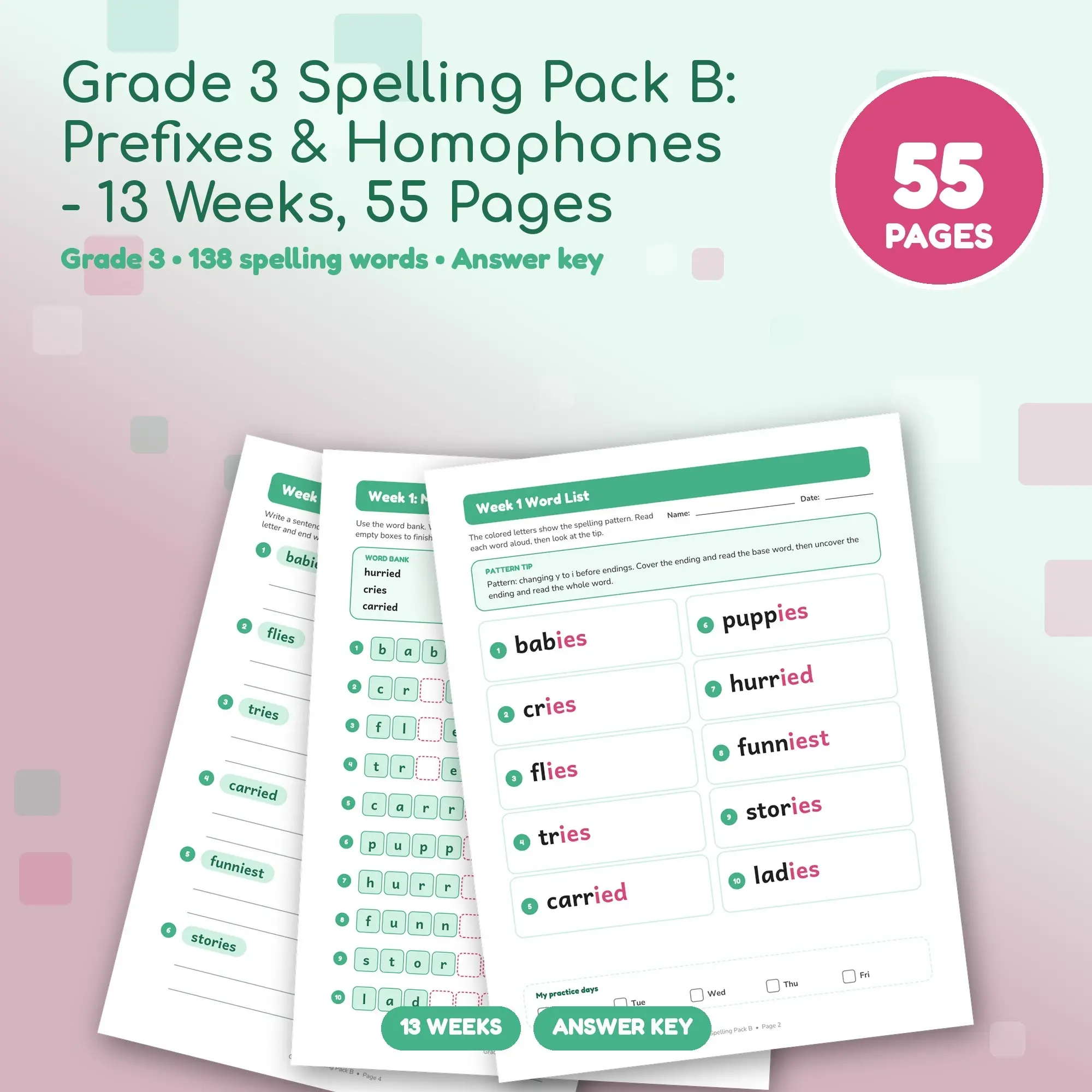 Grade 3 Spelling Pack B: Prefixes & Homophones - 13 Weeks, 55 Pages preview
