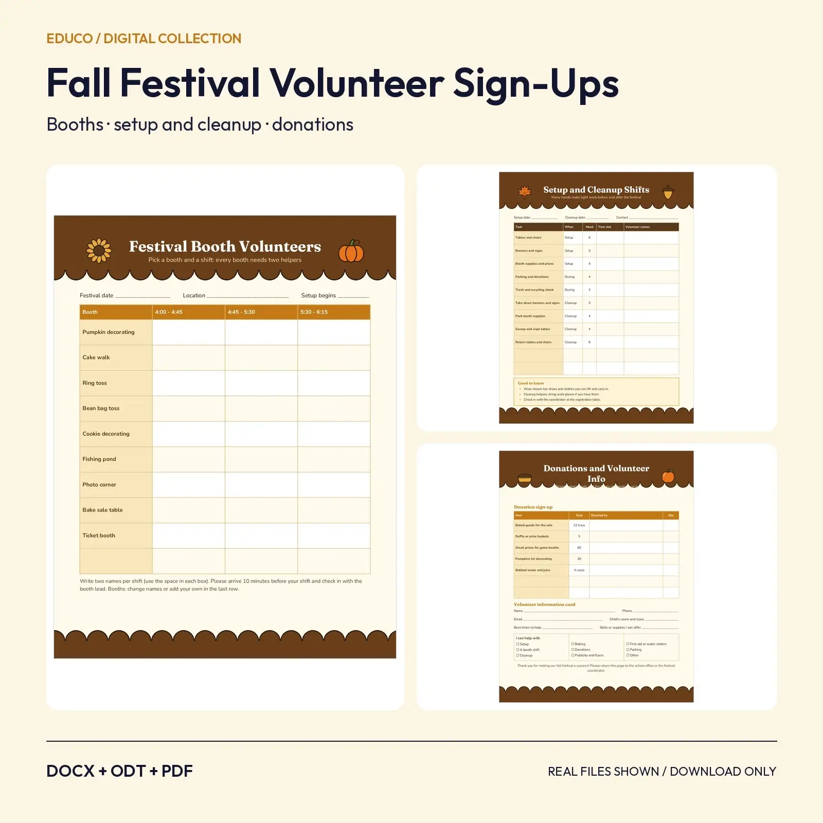 Fall Festival Volunteer Sign-Up Sheets: Booths, Setup, Cleanup and Donations, 3 Pages (DOCX, ODT, PDF) preview