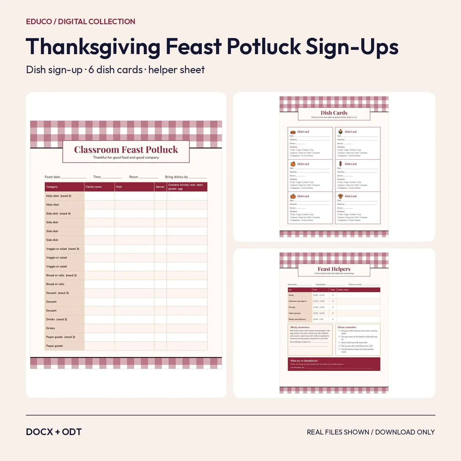 Thanksgiving Feast and Classroom Potluck Sign-Up Sheets with Allergy Notes and Dish Cards (DOCX, ODT) preview