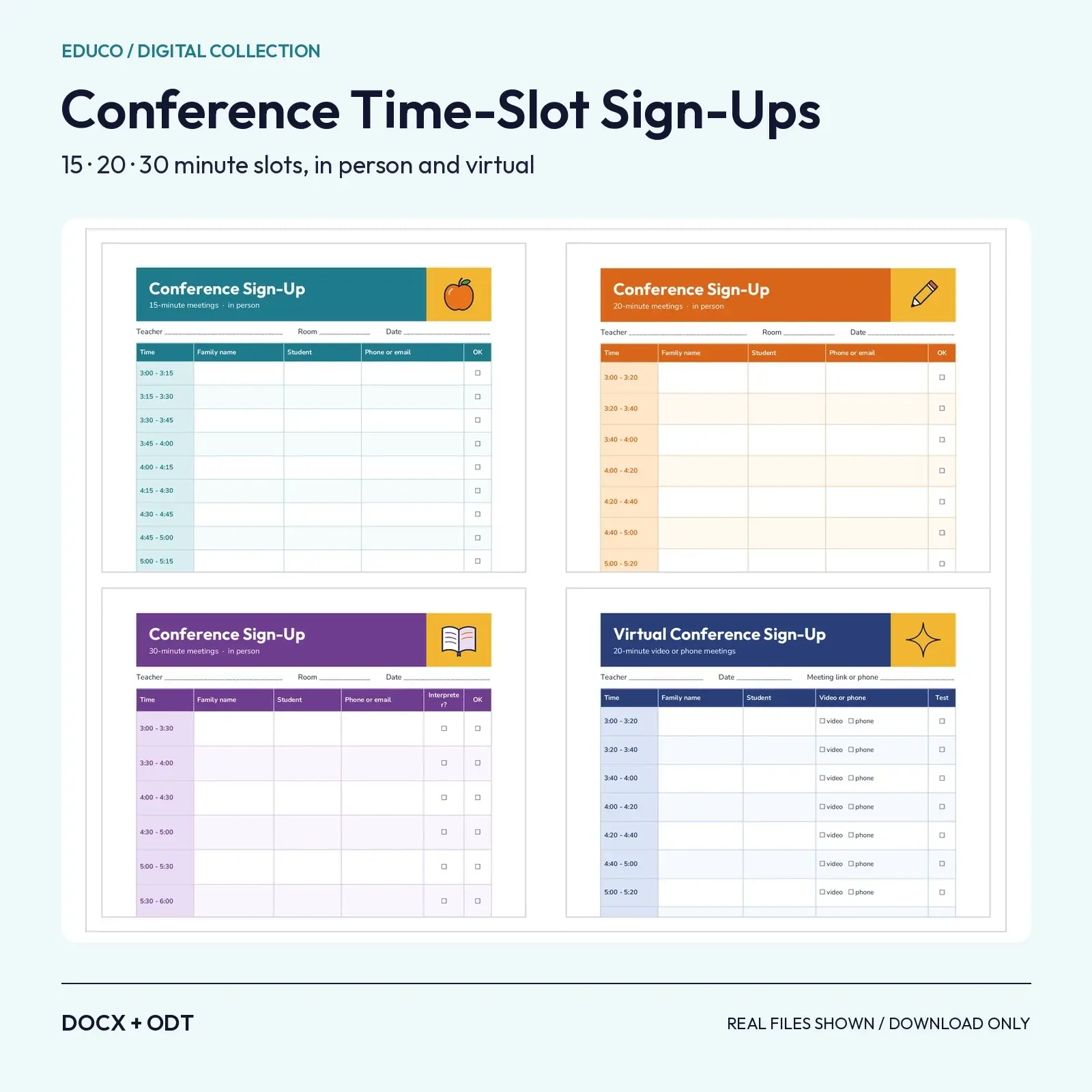 Parent-Teacher Conference Time-Slot Sign-Up Sheets: 15, 20 and 30 Minute, In-Person and Virtual (DOCX, ODT) preview
