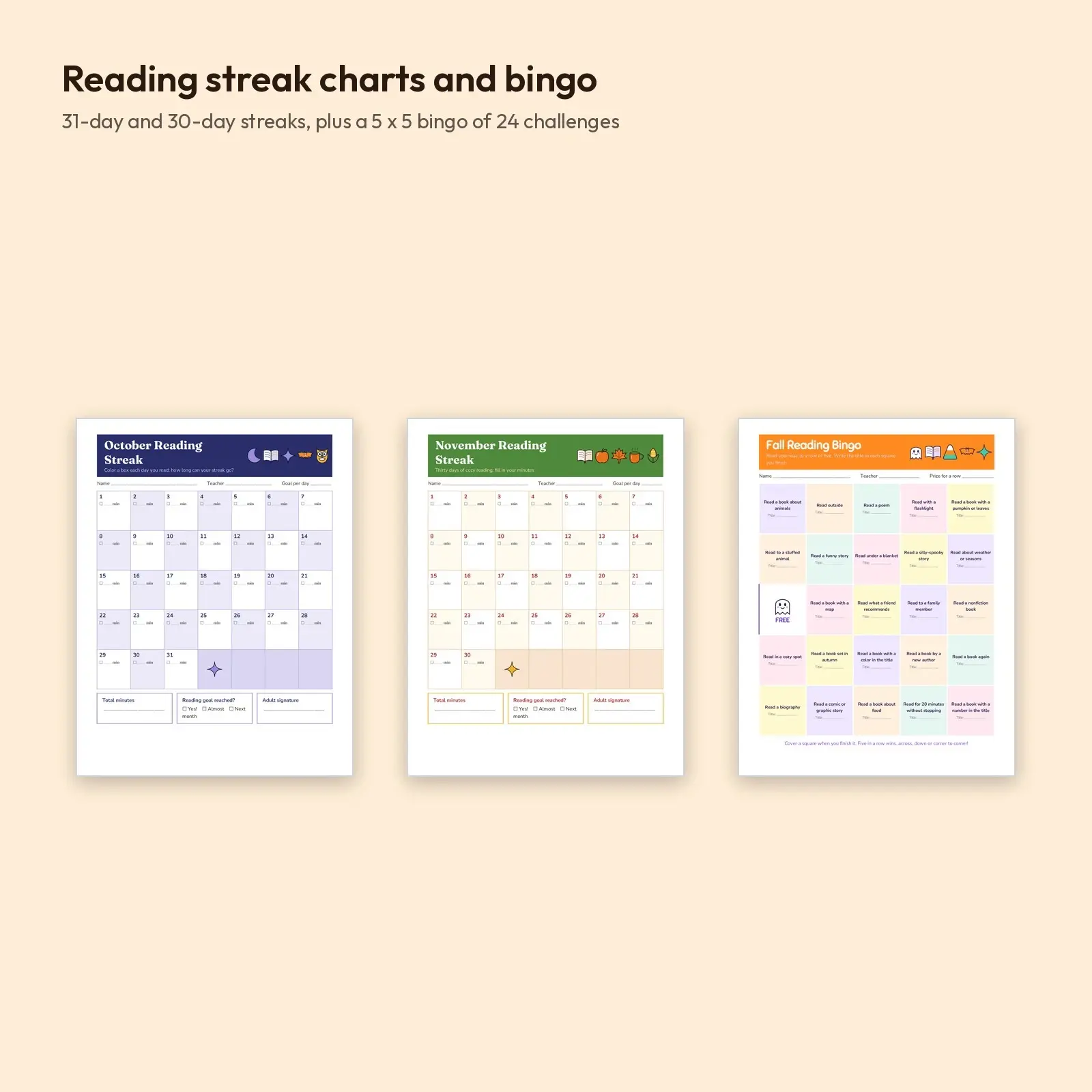 Fall Reading Logs for October and November: Weekly Logs, Reading Streaks and Book Bingo, 5 Pages (DOCX, ODT, PDF), preview 3 of 4