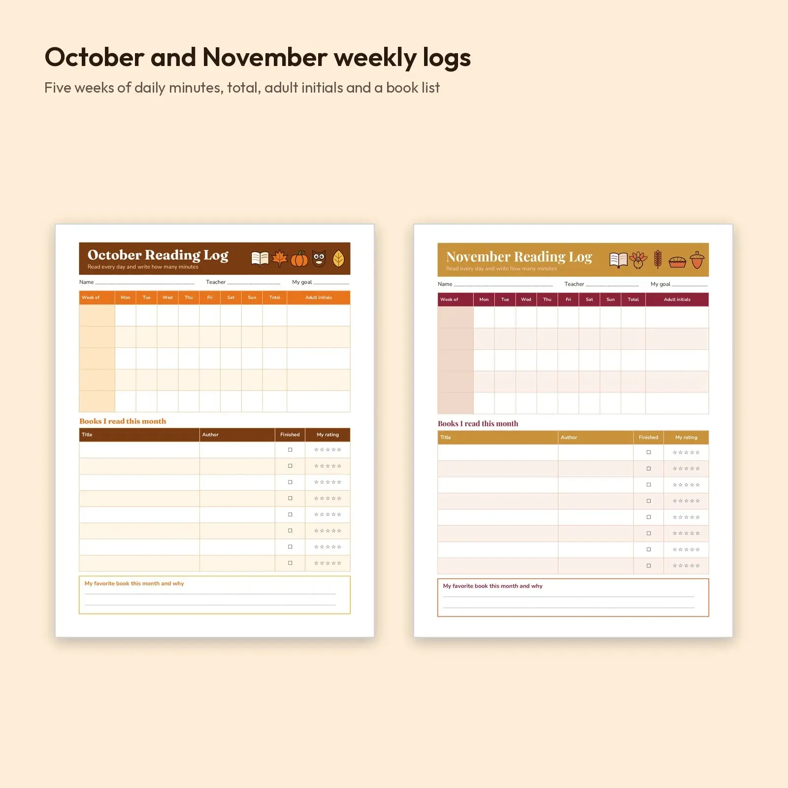 Fall Reading Logs for October and November: Weekly Logs, Reading Streaks and Book Bingo, 5 Pages (DOCX, ODT, PDF), preview 2 of 4