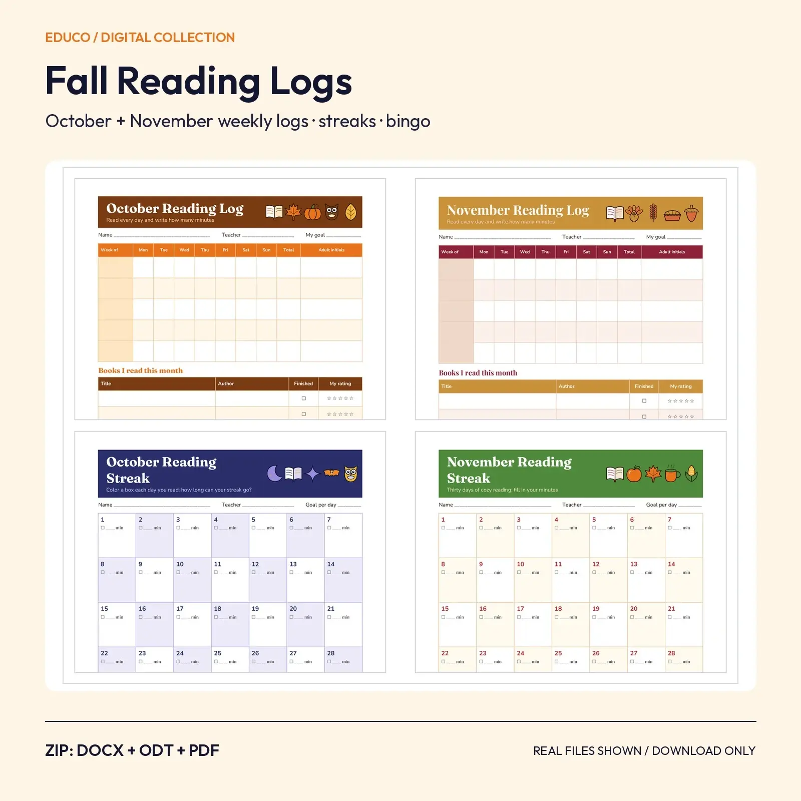 Fall Reading Logs for October and November: Weekly Logs, Reading Streaks and Book Bingo, 5 Pages (DOCX, ODT, PDF), preview 1 of 4