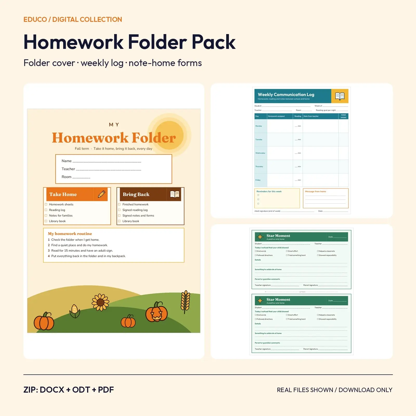 Homework Folder Cover, Weekly Communication Log and Behavior Note-Home Forms Pack (DOCX, ODT, PDF) preview