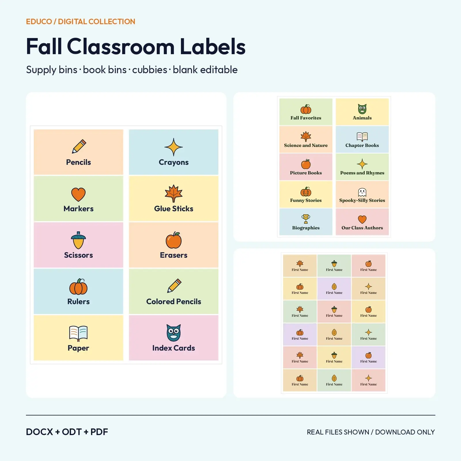 Editable Fall Classroom Labels: Supply Bins, Book Bins and Student Cubbies, 5 Printable Sheets (DOCX, ODT, PDF) preview