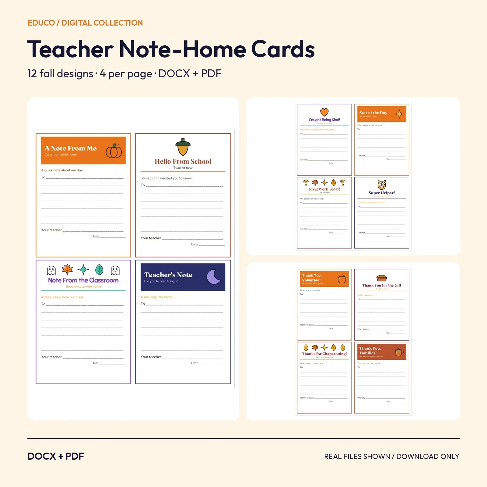 Teacher Note-Home Cards and Thank-You Notes: 12 Fall Designs, 4 Per Page (DOCX and PDF) preview